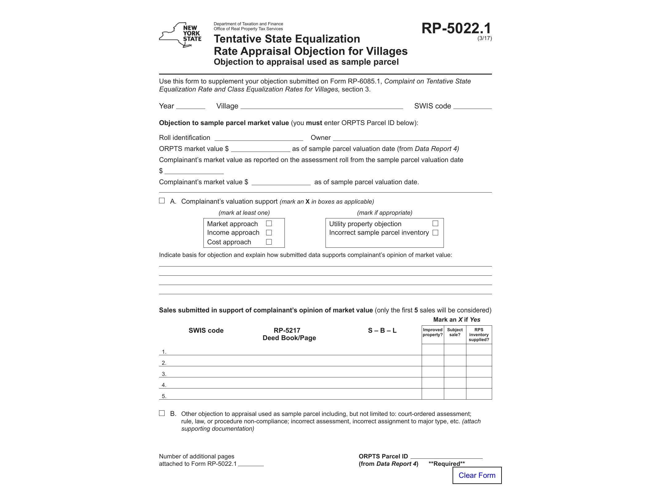 RP5022 Form RP-5022.1:3/17:Tentative Equalization Rate Appraisal Objection for Villages:rp5022.1 - official form preview, page 1