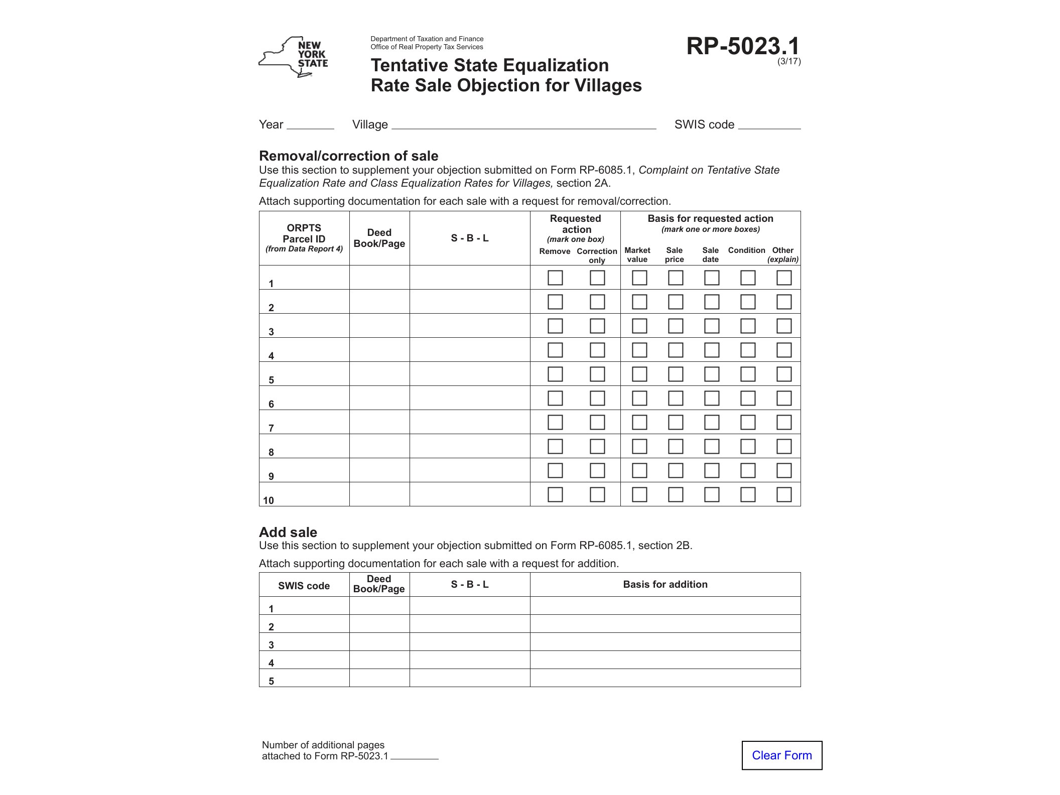 RP5023 Form RP-5023.1:3/17:Tentative Equaliation Rate Sale Objection for Villages:rp5023.1 - official form preview, page 1