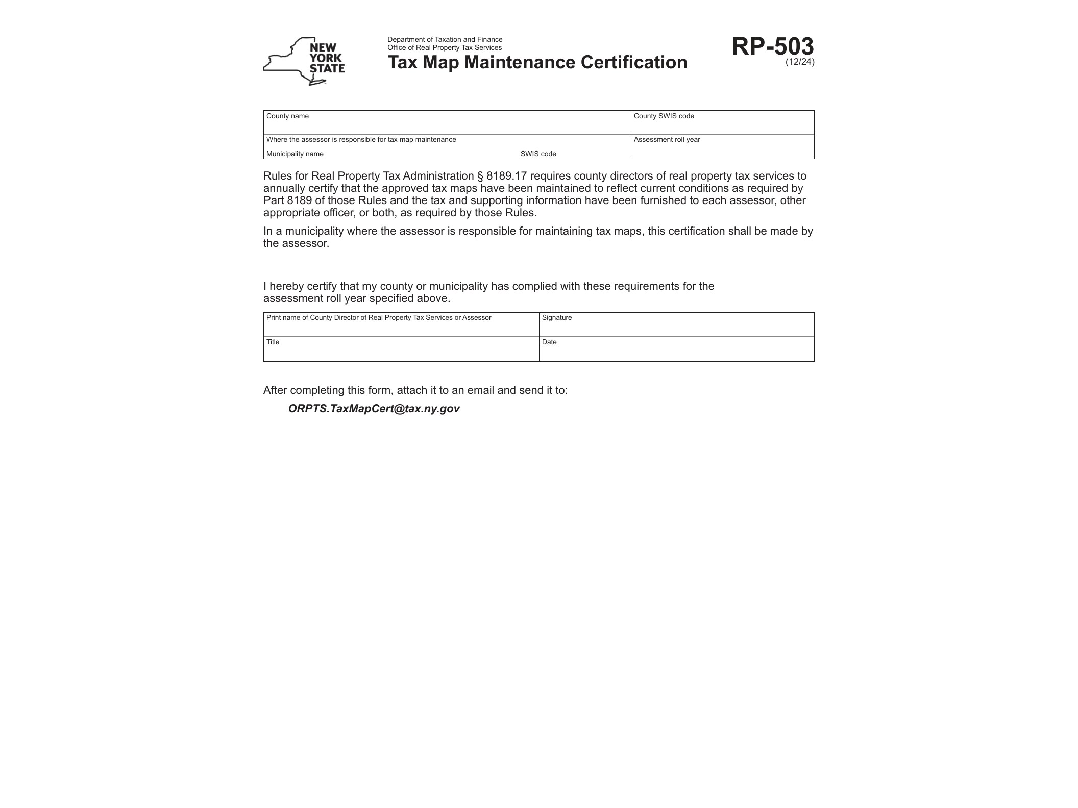 RP503 Form RP-503 Tax Map Maintenance Certification Revised 12/24 - official form preview, page 1