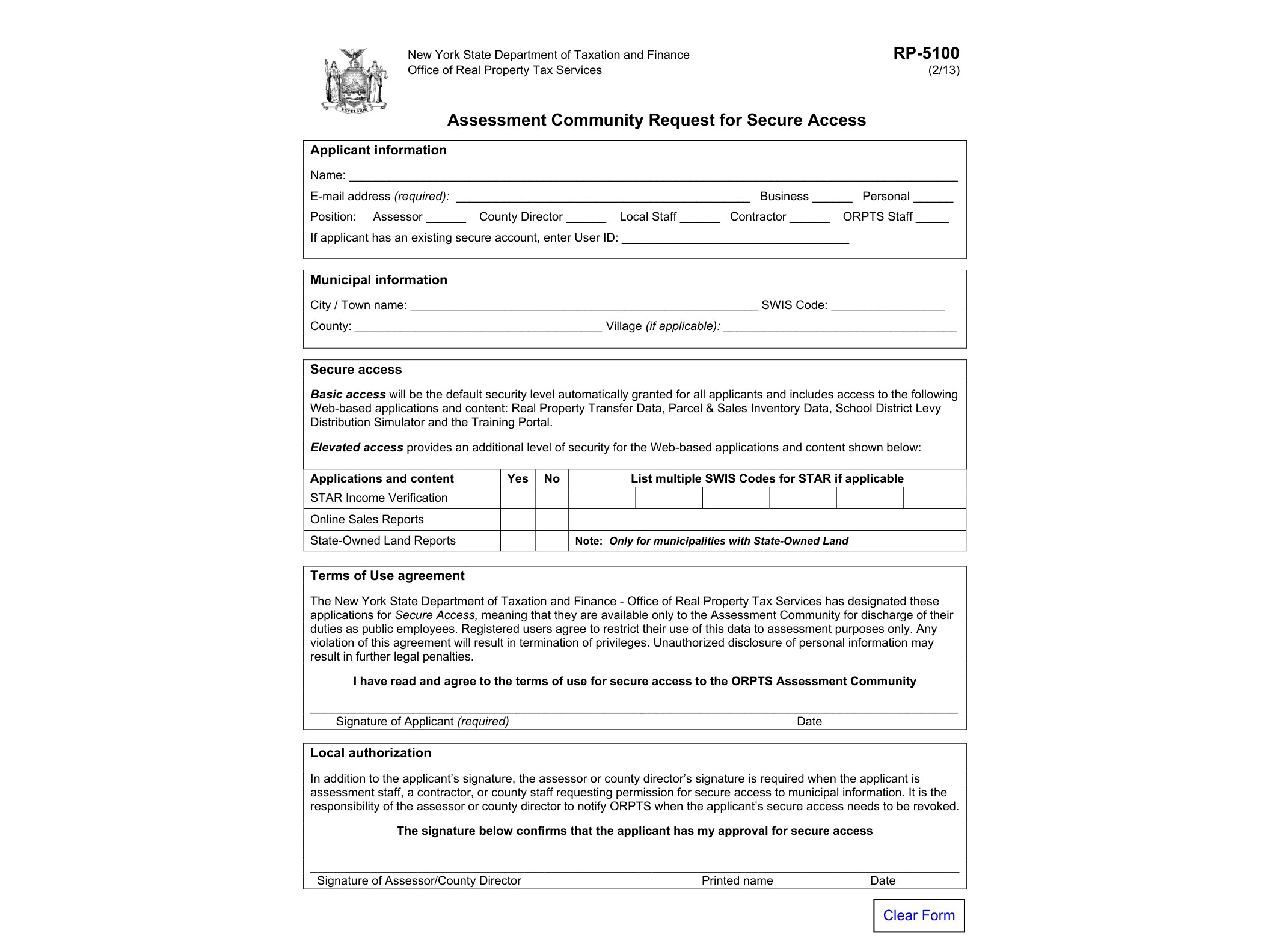 RP5100 Form RP-5100:2/12:Assessment Community Request for Secure Access:rp-5100:rp5100 - official form preview, page 1