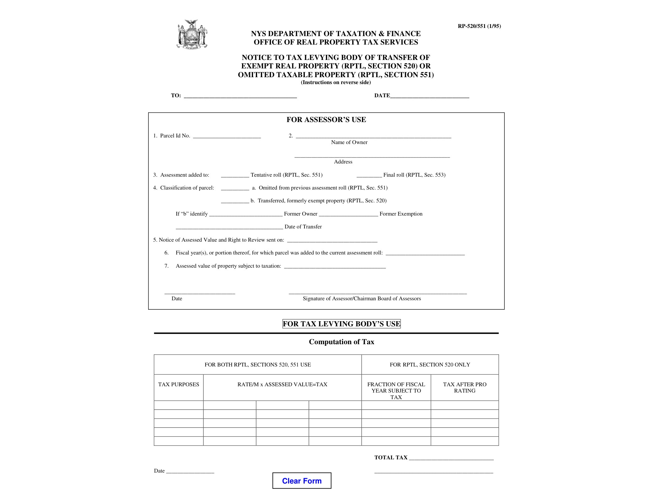 RP520 Form RP-520/551:1/95:Notice to Tax Levying Body of Transfer of Exempt Real Property (RPTL, Section 520) or Omitted Taxable Property (RPTL, Section 551):rp520551 - official form preview, page 1