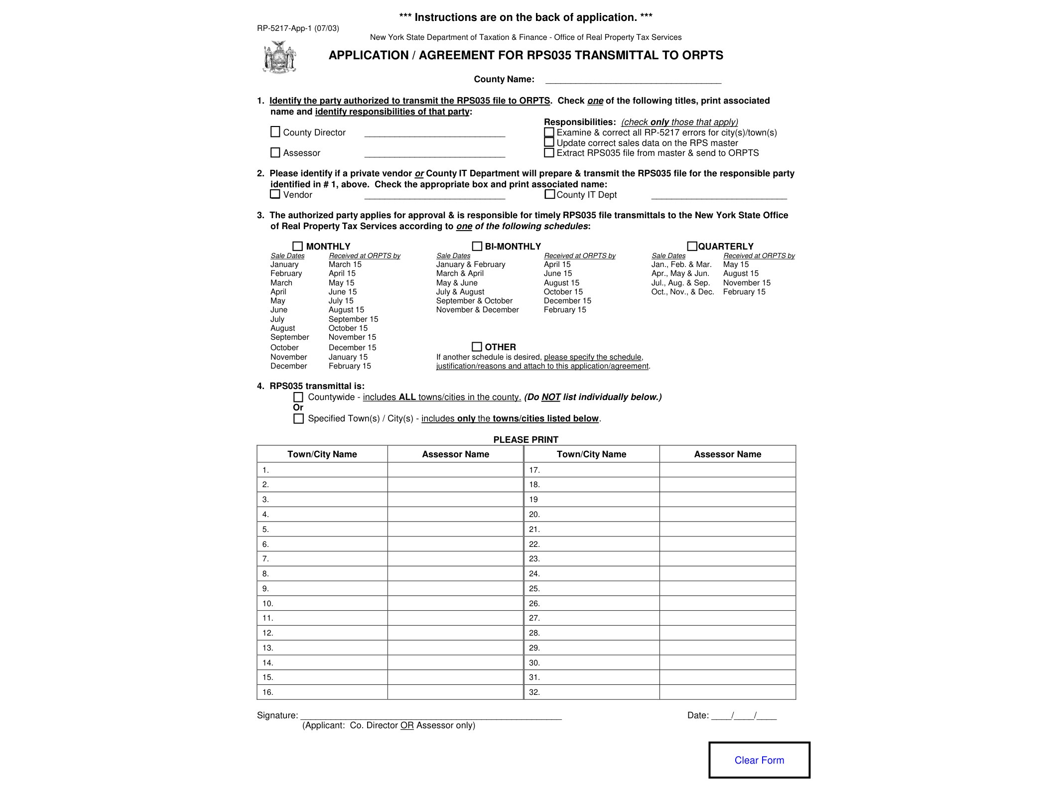 RP5217A form RP-5217-App-1:7/03:Application/Agreement for RPS035 Transmittal to ORPTS,rp5217app1 - official form preview, page 1