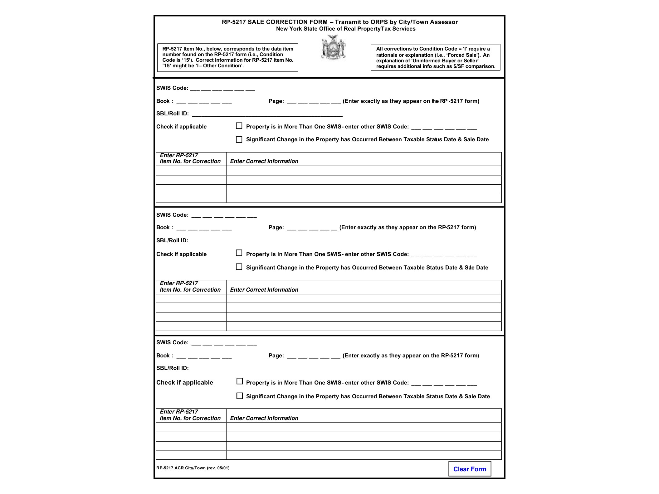 RP5217AC Form RP-5217ACR-City/Town:5/01:Sale Correction Form-City/Town Assessor:rp5217acr - official form preview, page 1