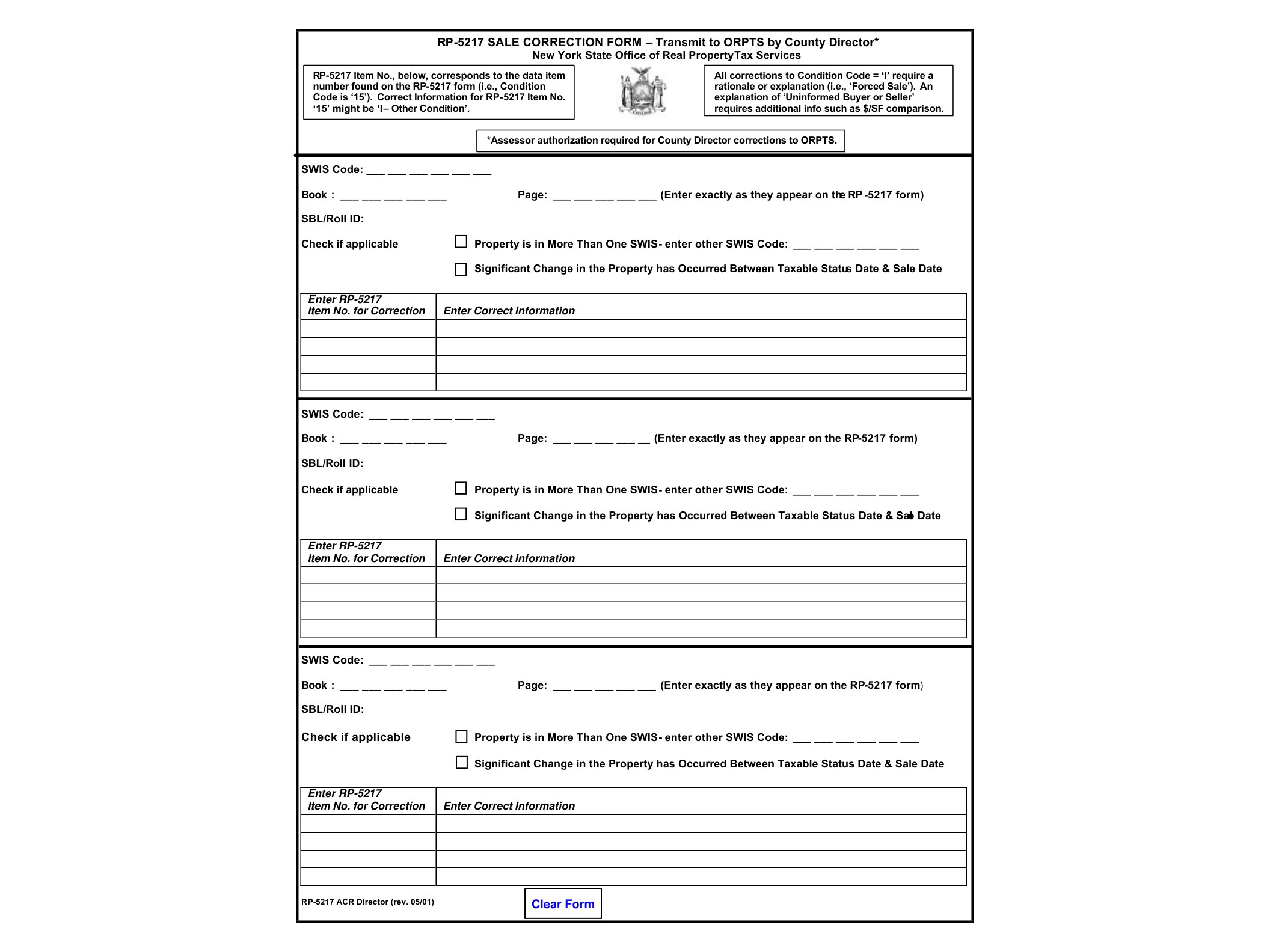 RP5217AD Form RP-5217-ACR-Director:5/01:Sale Correction Form-County Director:rp5217acr - official form preview, page 1
