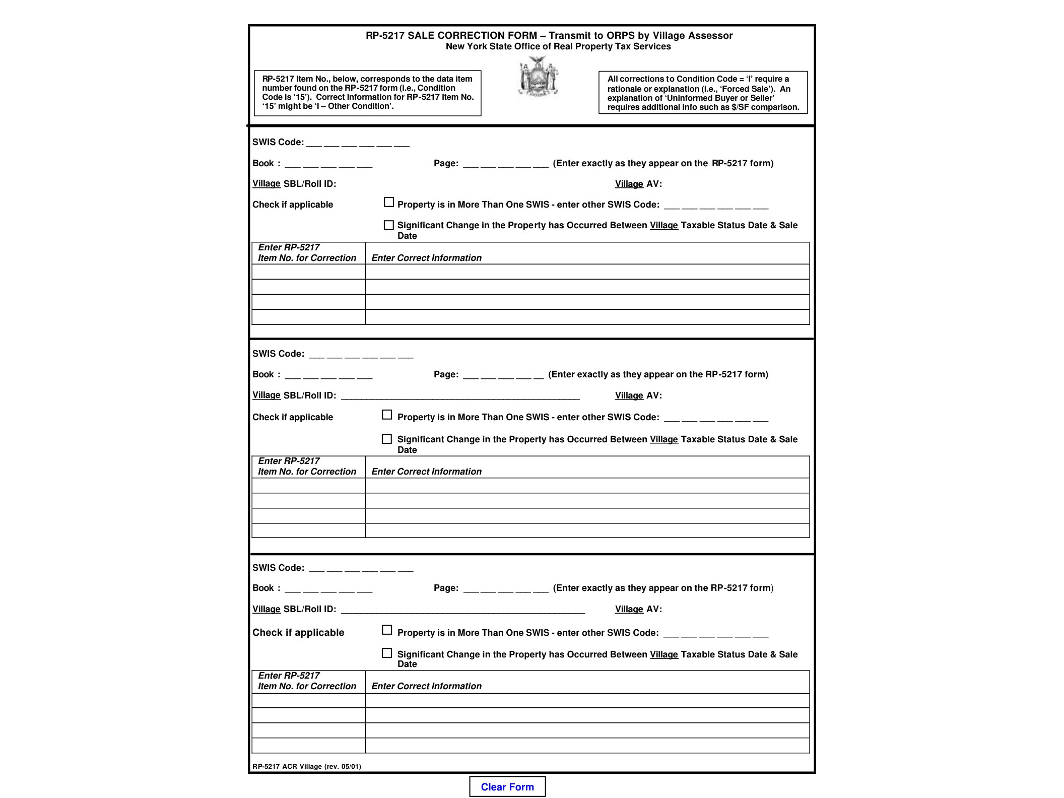 RP5217AV Form RP-5217-ACR-Village:5/01: Correction Form-Village Assessor:rp5217acr - official form preview, page 1