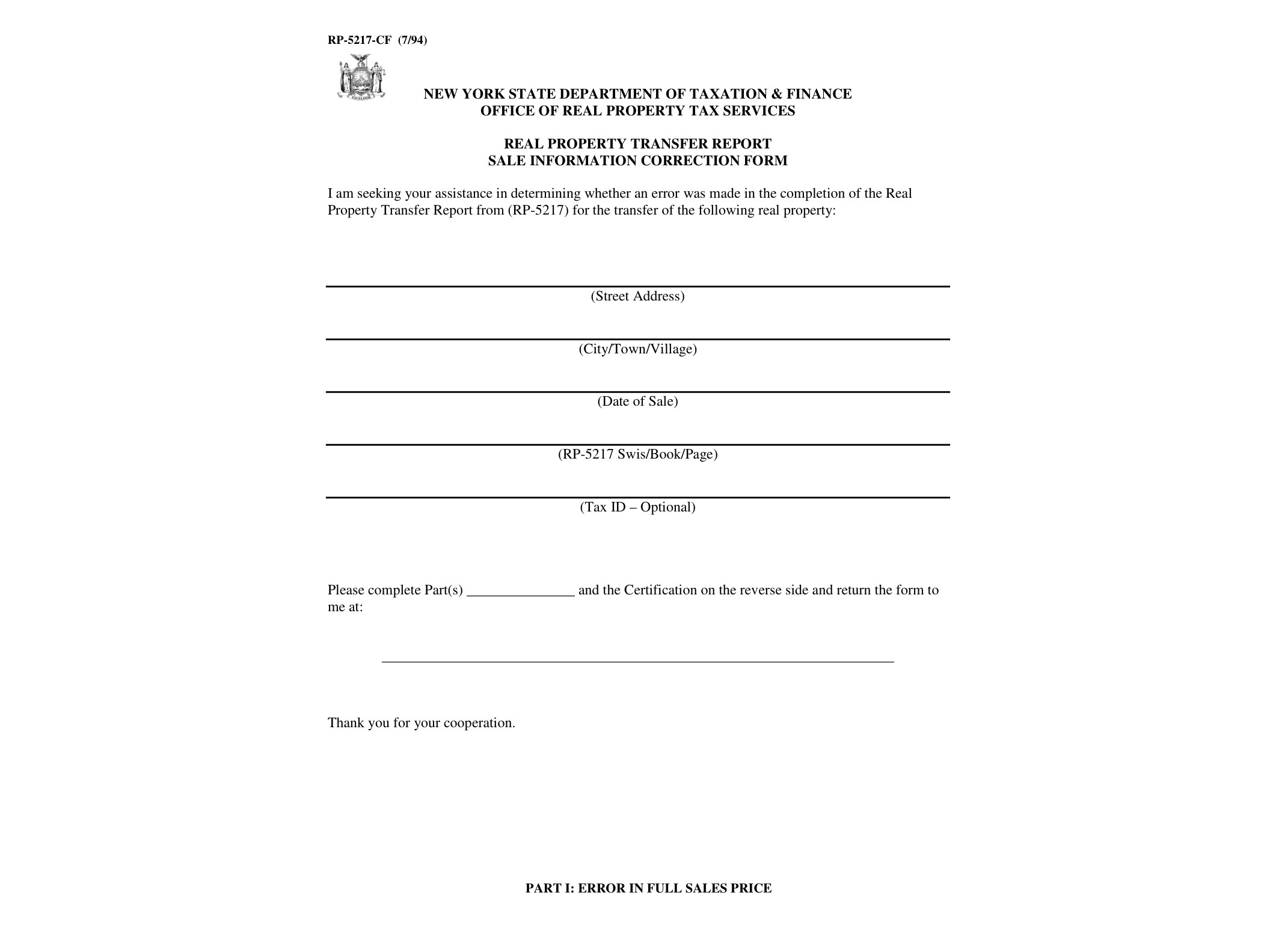 RP5217CF Form RP-5217-CF:7/94:Real Property Transfer Report Sale Information Correction Form:rp5217cf - official form preview, page 1