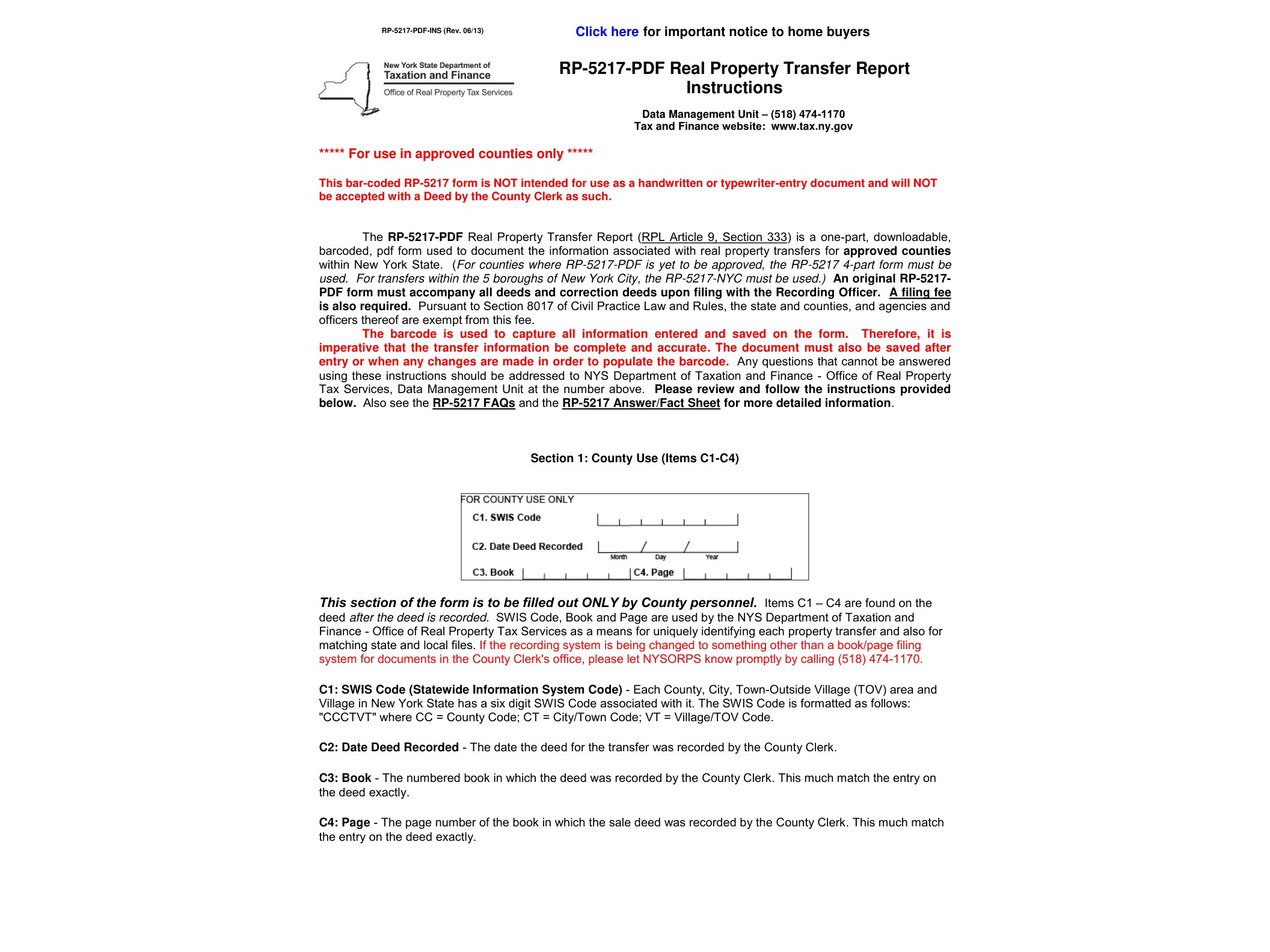 RP5217PDF Form RP-5217-PDF-INS:6/13:RP-5217 Real Property Transfer Report Instructions:rp5217pdfins - official form preview, page 1