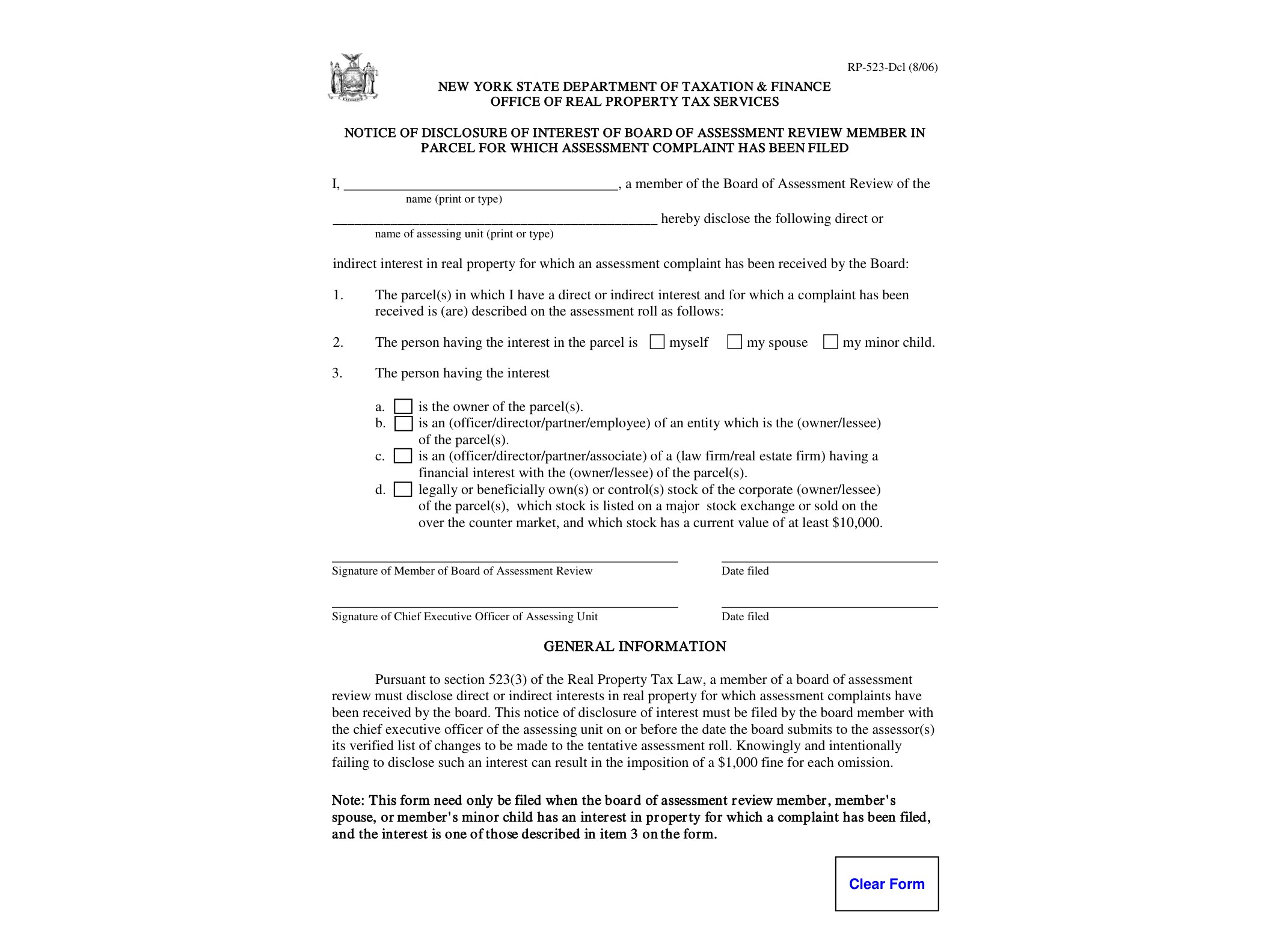 RP523DCL Form RP-523-Dcl:8/06:Notice of Disclosure of Interest of Board of Assessment Review Member in Parcel for Which Assessment Complaint has been Filed:rp523dcl - official form preview, page 1
