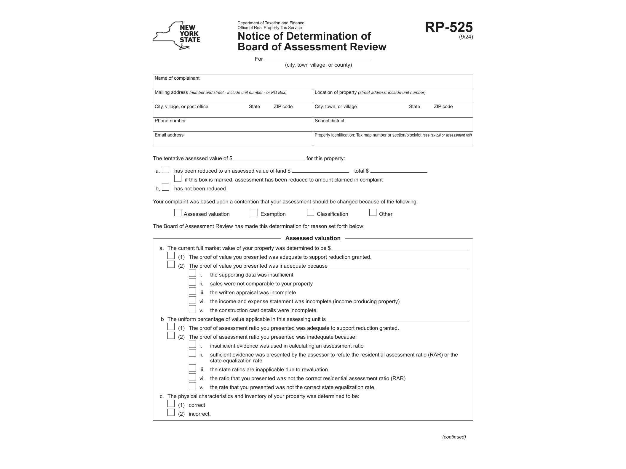 RP525 Form RP-525:9/24:Notice of Determination of Board of Assessment Review:rp525 - official form preview, page 1