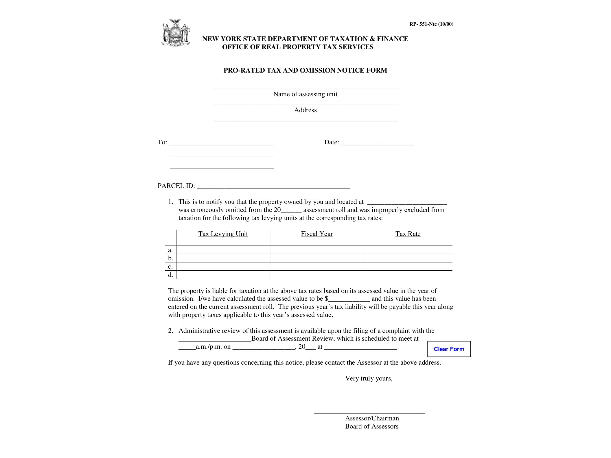RP551NTC Form RP-551-Ntc:10/00:Pro-Rated Tax and Omission Notice Form,rp551ntc - official form preview, page 1