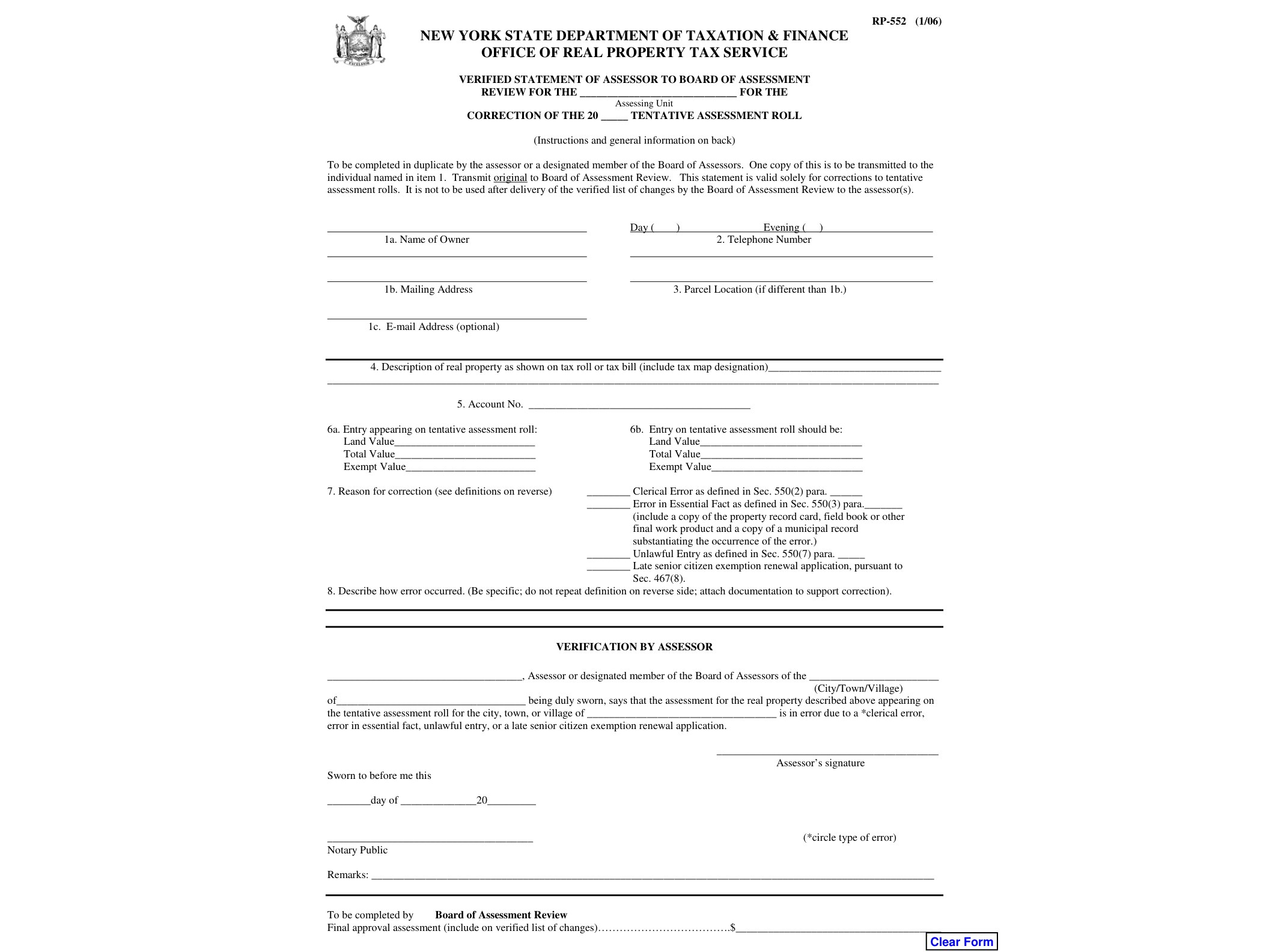 RP552 Form RP-552:1/06:Verified Statement of Assessor to Board of Assessment Review for the Correction of Tentative Assessment Roll:rp552 - official form preview, page 1