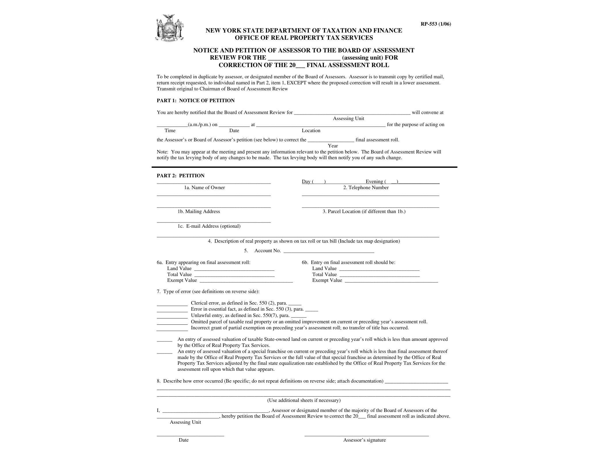 RP553 Form RP-553:1/06:Notice and Petition of Assessor to the Board of Assessment Review for Correction to the Final Assessment Roll:rp553 - official form preview, page 1