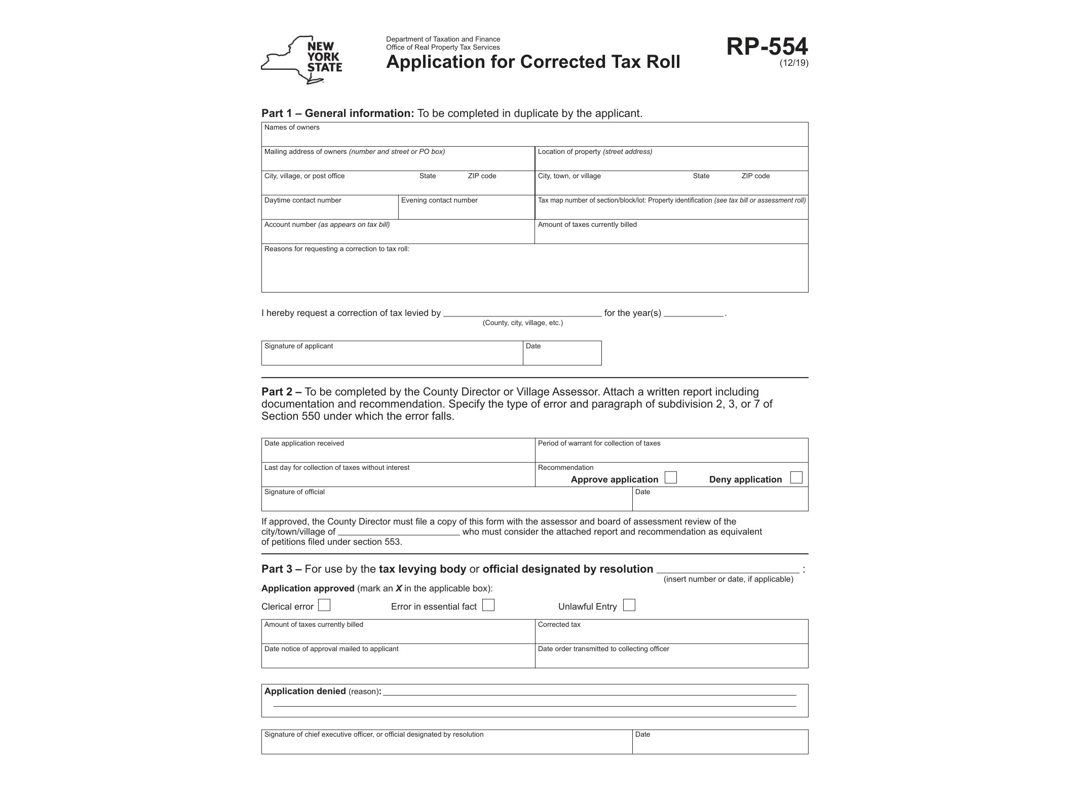 RP554 Form RP-554:12/19:Application for Corrected Tax Roll:rp554 - official form preview, page 1