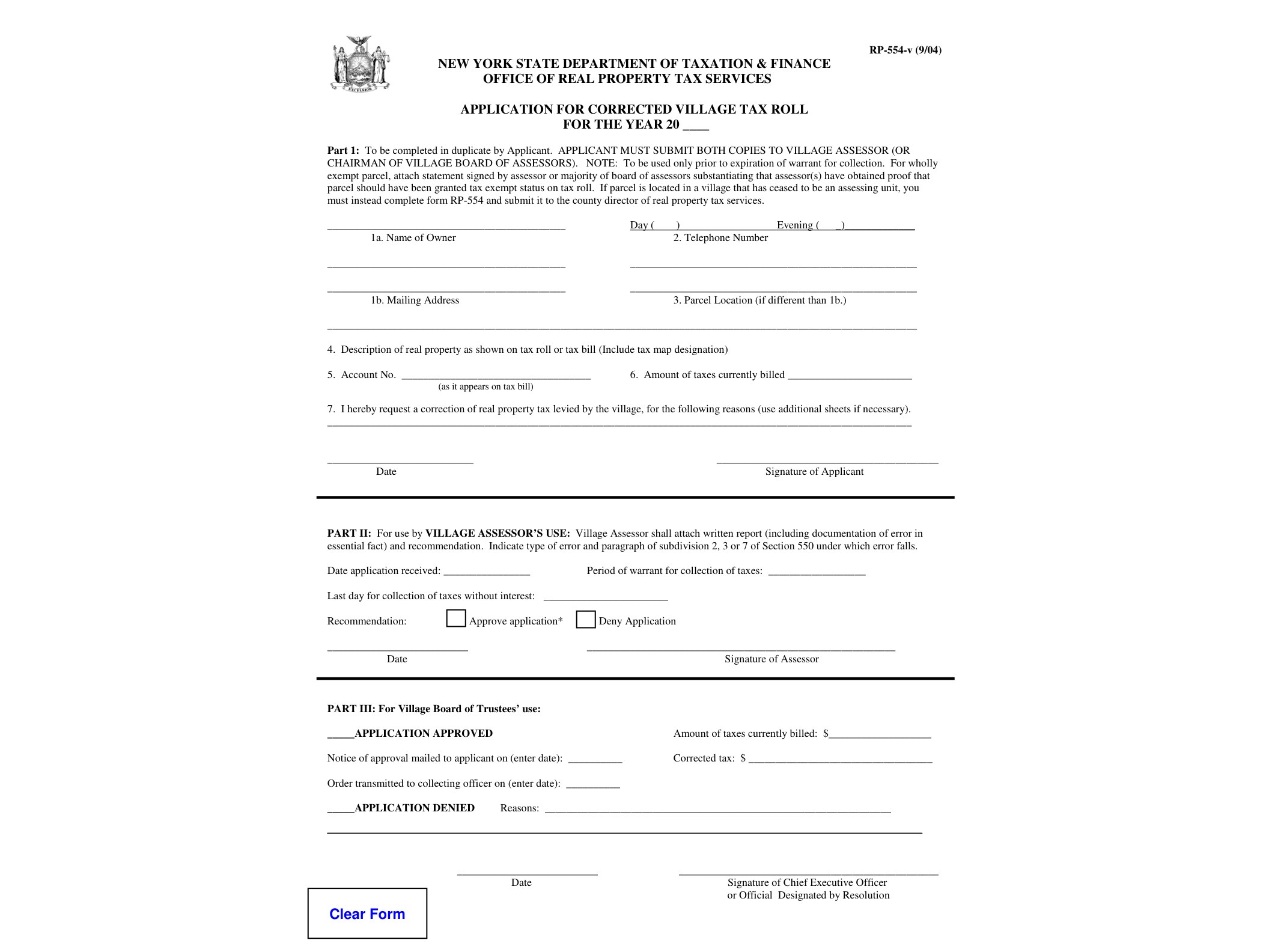 RP554V Form RP-554-v:9/04:Application for Corrected Village Tax Roll:rp554v - official form preview, page 1