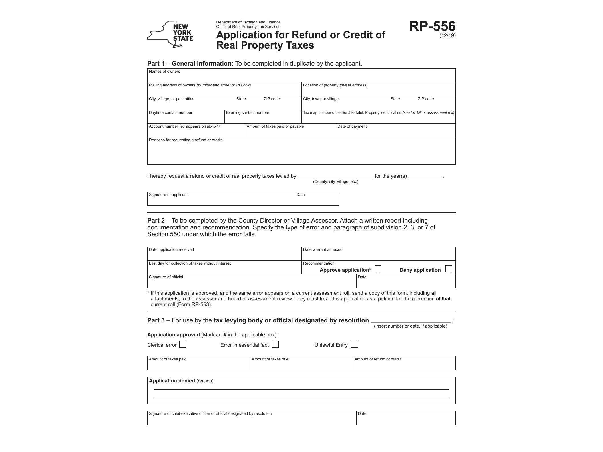 RP556 Form RP-556:12/19:Application for Refund or Credit of Real Property Taxes:rp556 - official form preview, page 1