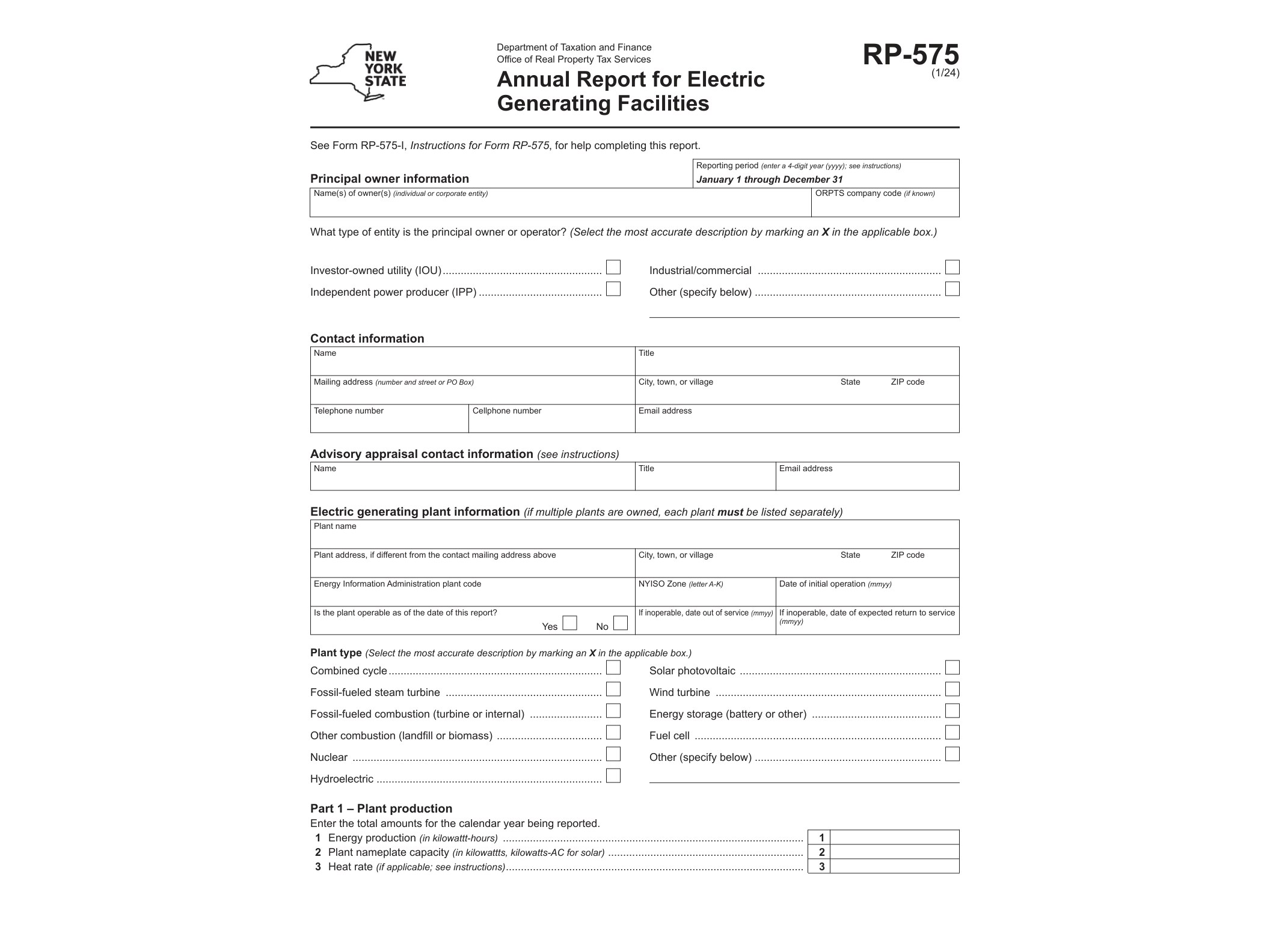 RP575 Form RP-575 Annual Report for Electric Generating Facilities Revised 1/24 - official form preview, page 1