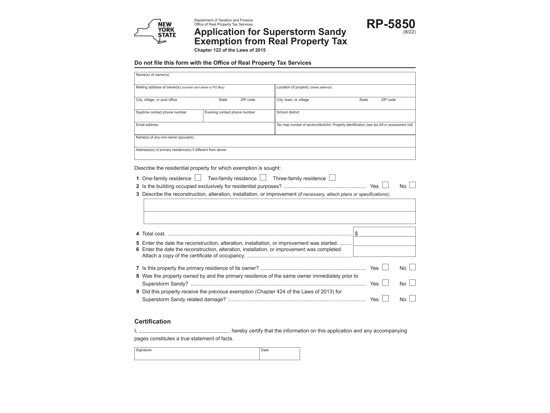 RP5850 Form RP-5850 Application for Superstorm Sandy Exemption from Real Property Tax Revised 8/22 - official form preview, page 1