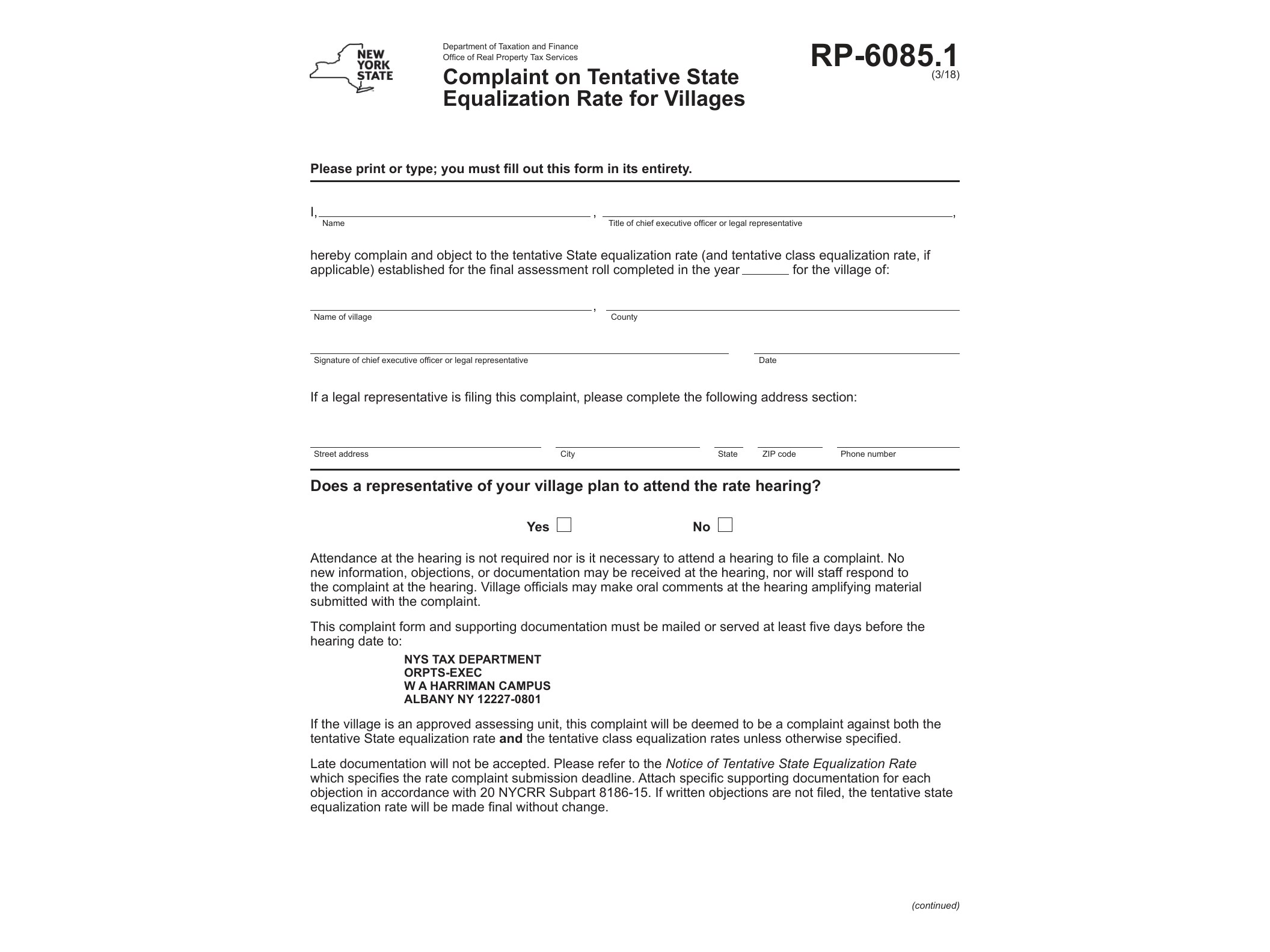 RP6085 Form RP-6085.1:3/18:Complaint on Tentative State Equalization Rate for Villages:rp6085.1 - official form preview, page 1