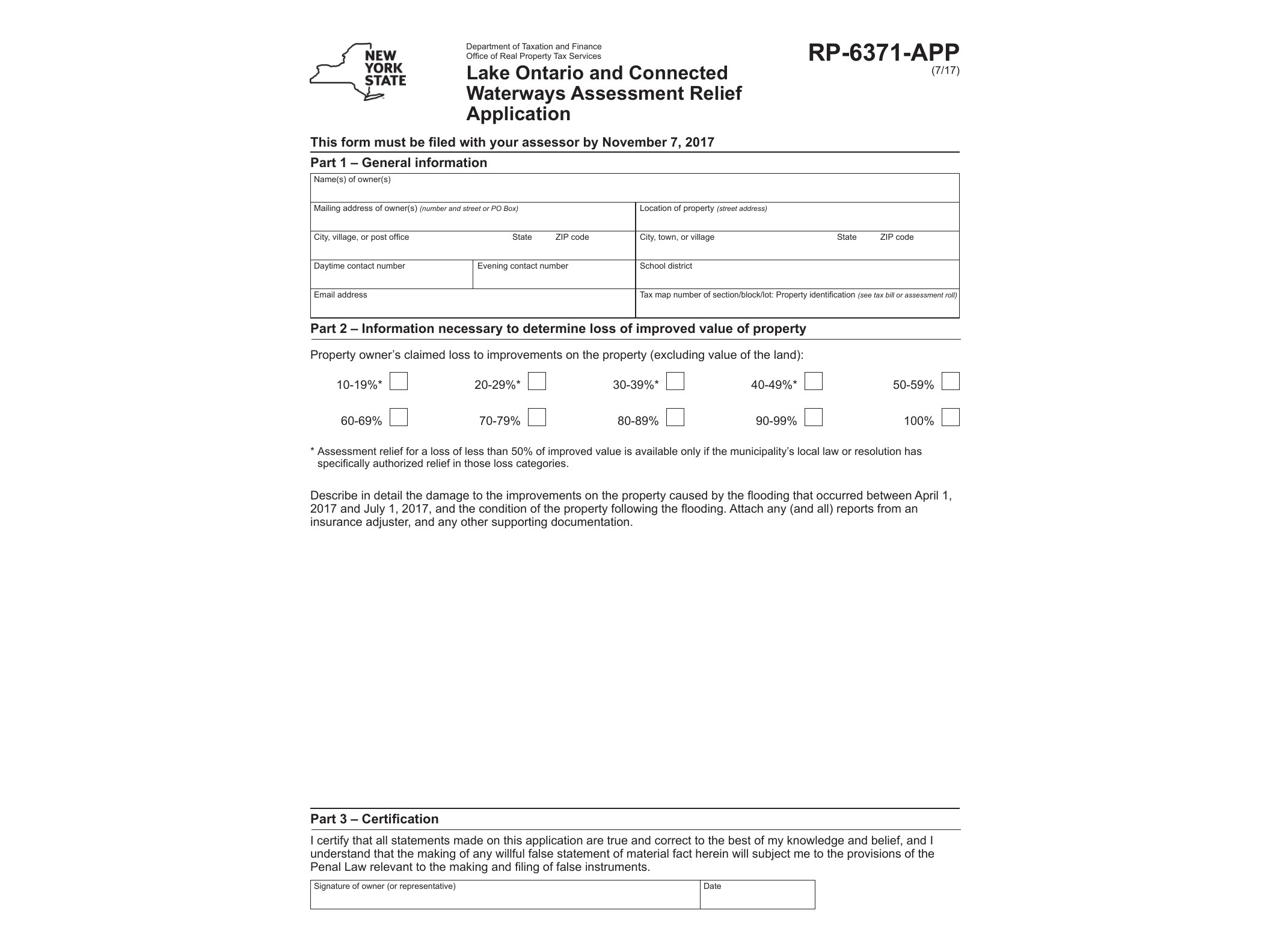 RP6371APP Form RP-6371-APP:7/17:Lake Ontario and Connected Waterways Assessment Relief Application:rp6371det - official form preview, page 1