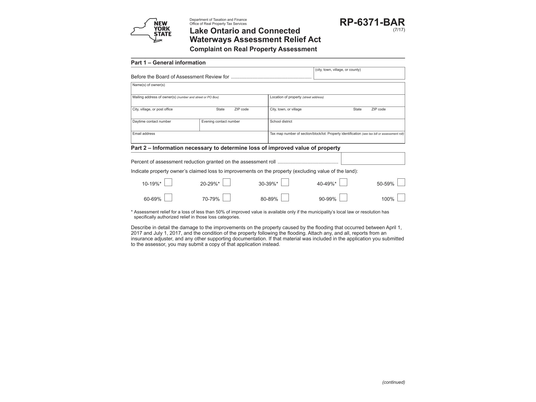 RP6371BAR Form RP-6371-BAR:7/17:Lake Ontario and Connected Waterways Assessment Relief Act Complaint on Real Property Assessment:rp6371bar - official form preview, page 1