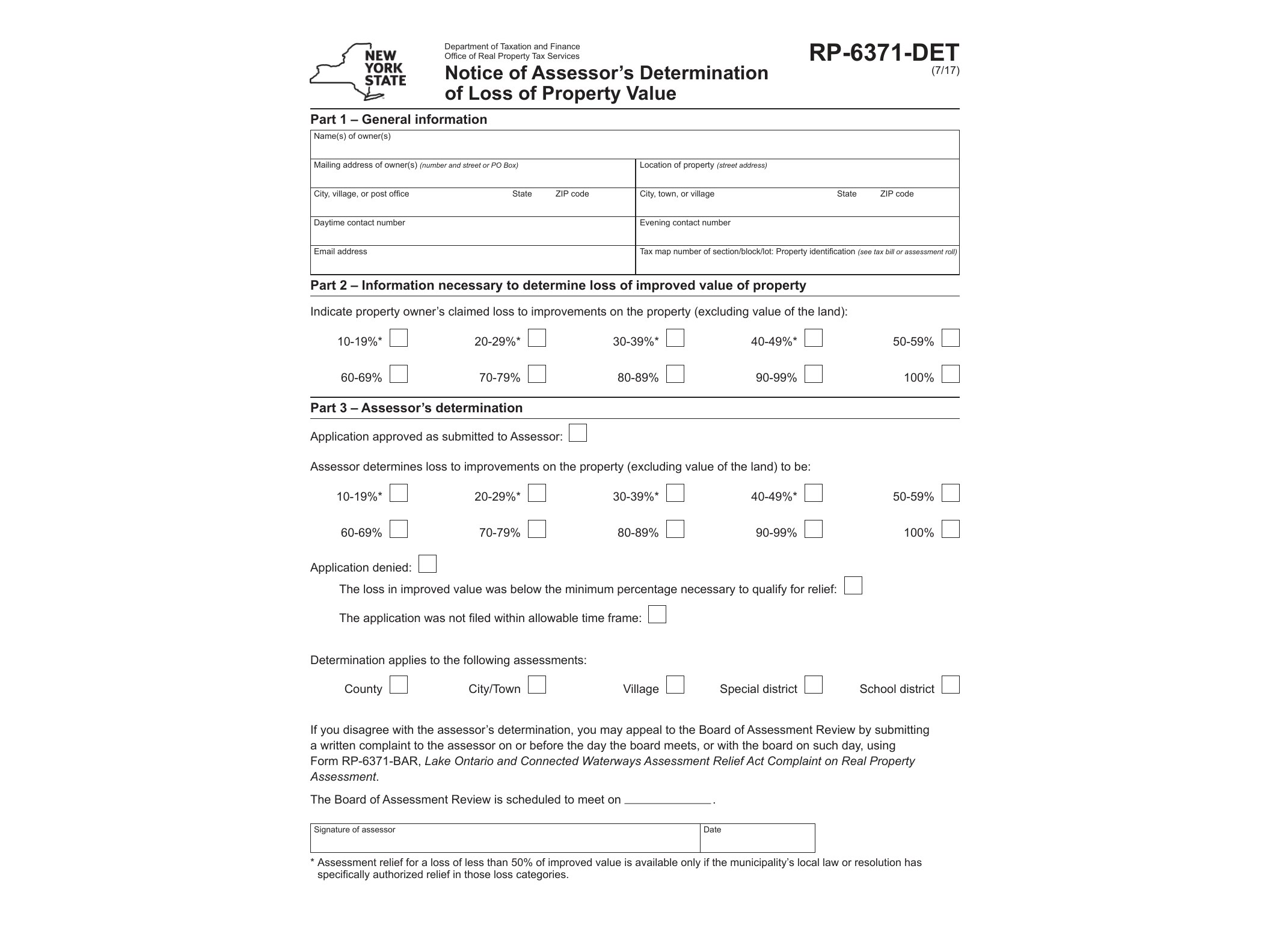 RP6371DET Form RP-6371-DET:7/17:Notice of Assessor's Determination of Loss of Property Value:rp6371det - official form preview, page 1