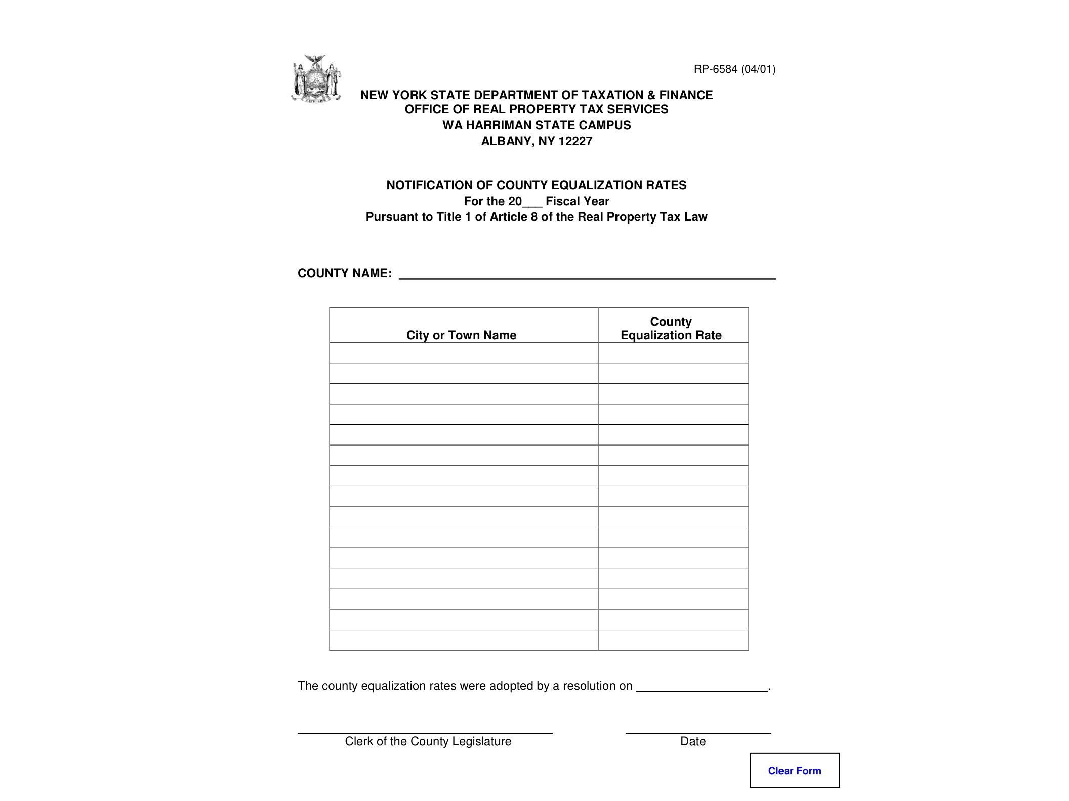 RP6584 Form RP-6584:4/01:Notification of County Equalization Rates:rp6584 - official form preview, page 1