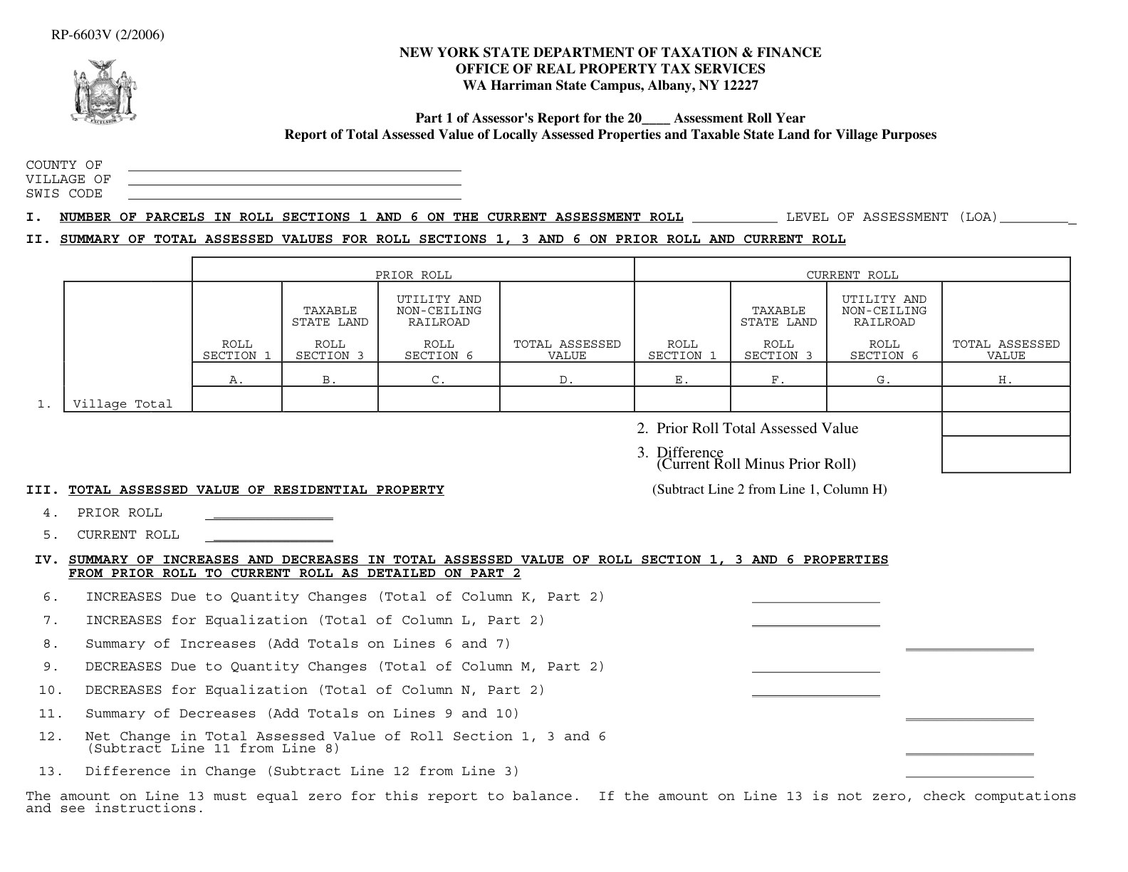 RP6603V Form RP-6603-V:2/06:Report of Total Assessed Value of Locally Assessed Properties and Taxable State Land for Village Purposes:rp6603v - official form preview, page 1