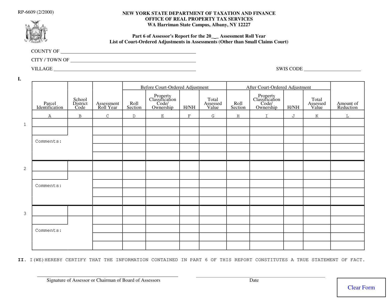 RP6609 RP-6609:2/00:List of Court-Ordered Adjustments in Assessments (other than Small Claims Court):rp6609 - official form preview, page 1