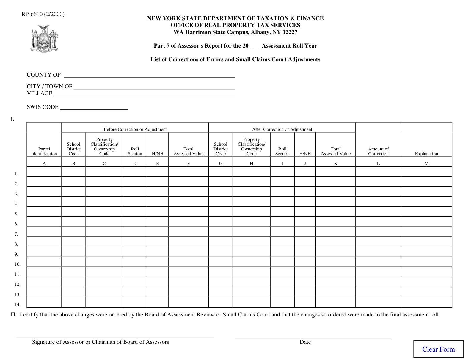 RP6610 Form RP-6610:2/00:List of Corrections of Errors and Small Claims Court Adjustments:rp6610 - official form preview, page 1