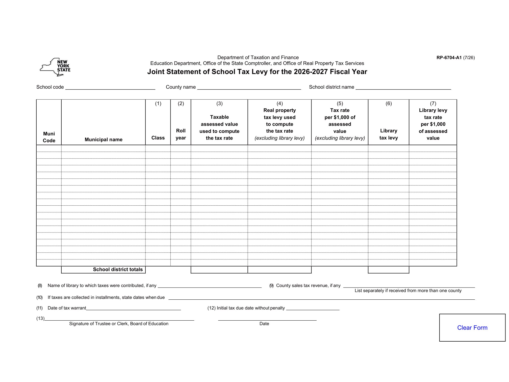 RP6704A Form RP-6704-A1 Joint Statement of School Tax Levy for the 2024-2025 Fiscal Year Revised 7/25 - official form preview, page 1
