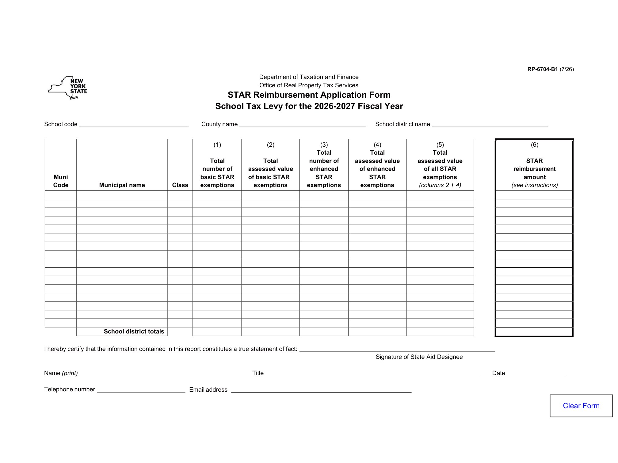RP6704B RP-6704-B1 STAR Reimbursement Application Form School Tax Levy for the 2025-2026 Fiscal Year Revided 7/25 - official form preview, page 1