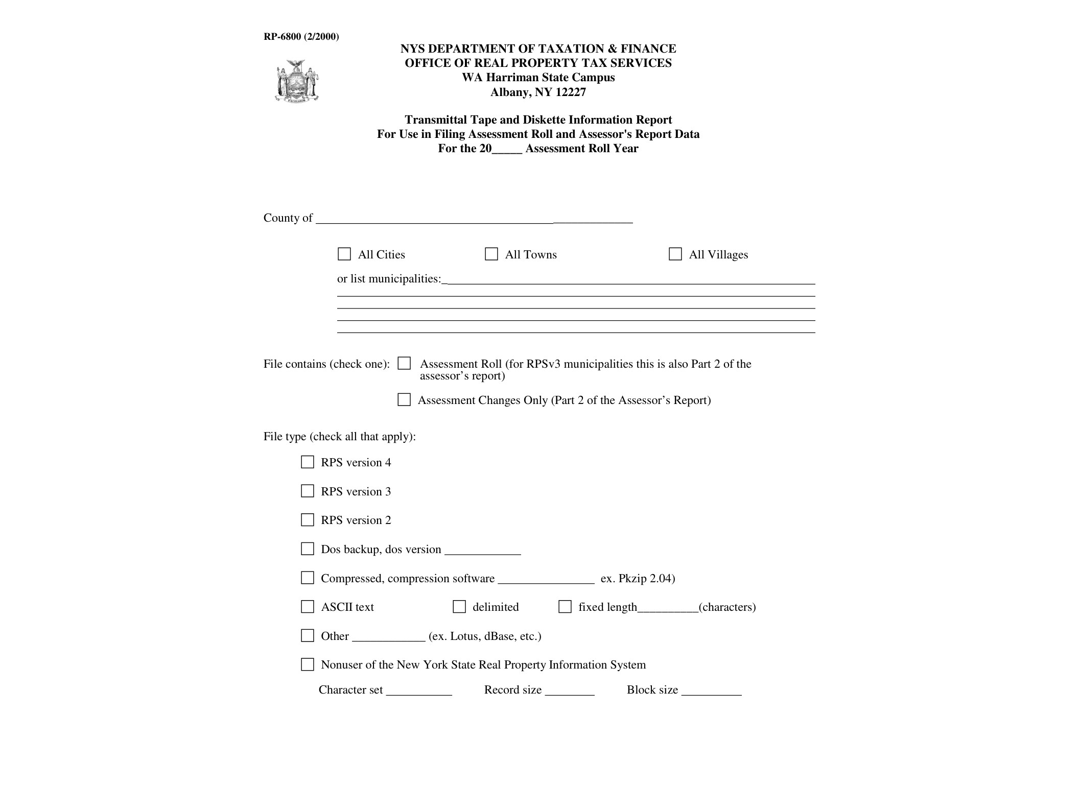 RP6800 FormRP-6800:2/00:Transmittal Tape and Diskette Information Report for Use in Filing Assessment Roll and Assessor's Report Data:rp6800 - official form preview, page 1