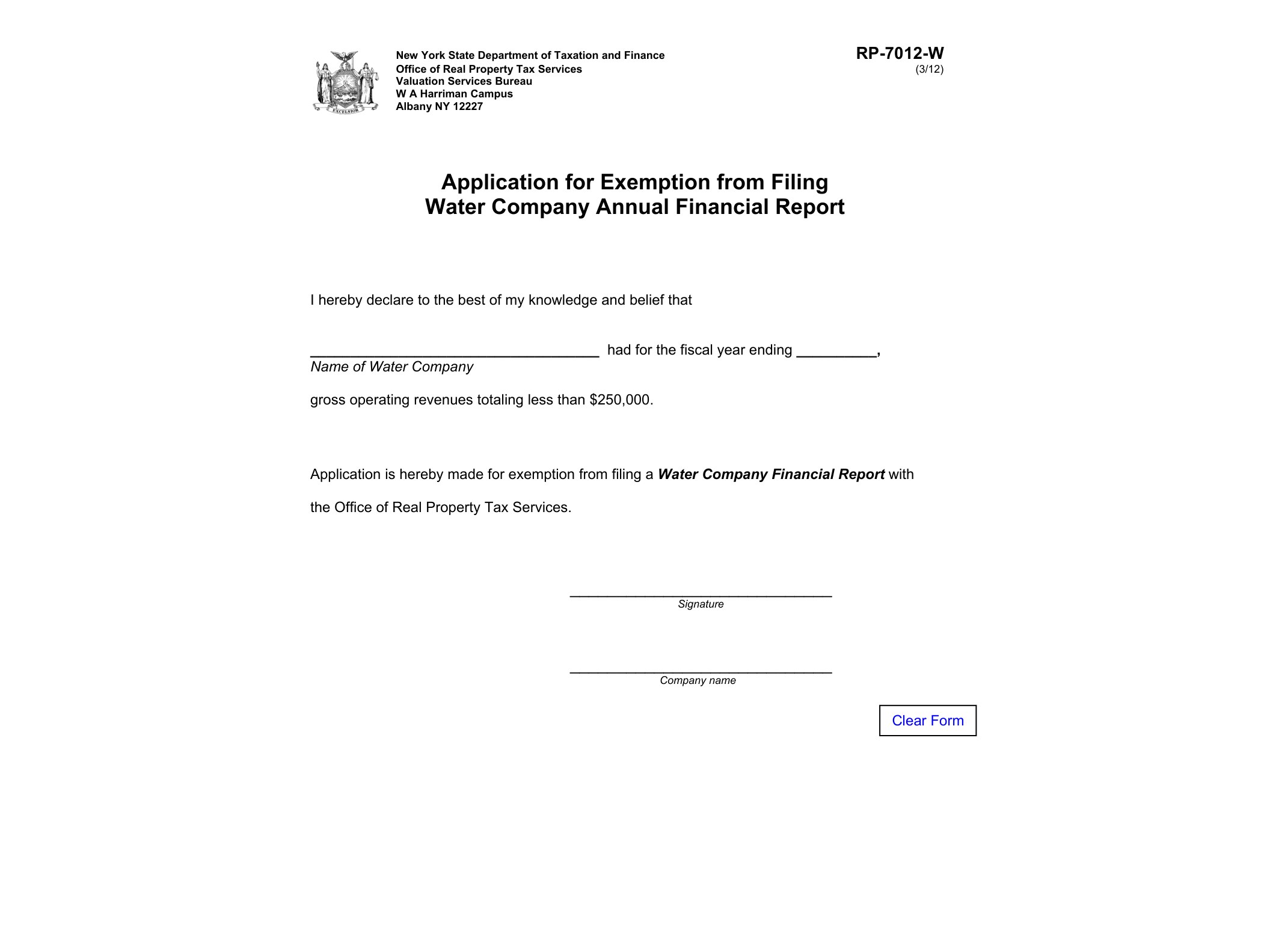 RP7012W Form RP-7012-W:3/12:Application for Exemption from Filing Water Company Annual Financial Report:rp7012w - official form preview, page 1