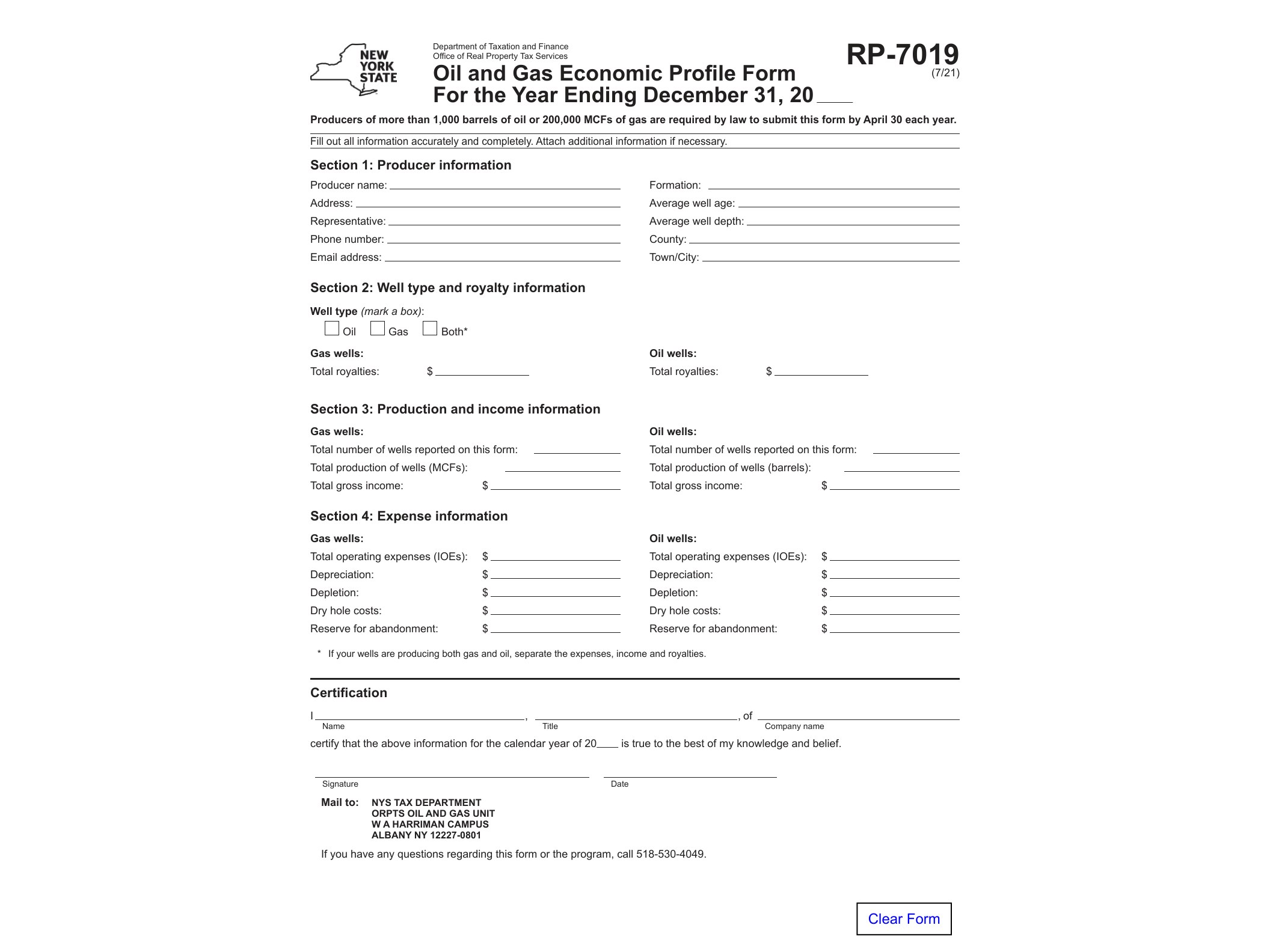 RP7019 Form RP-7019 Oil and Gas Economic Profile Form for the Year Ending December 31, Variable Year Revised 7/21 - official form preview, page 1