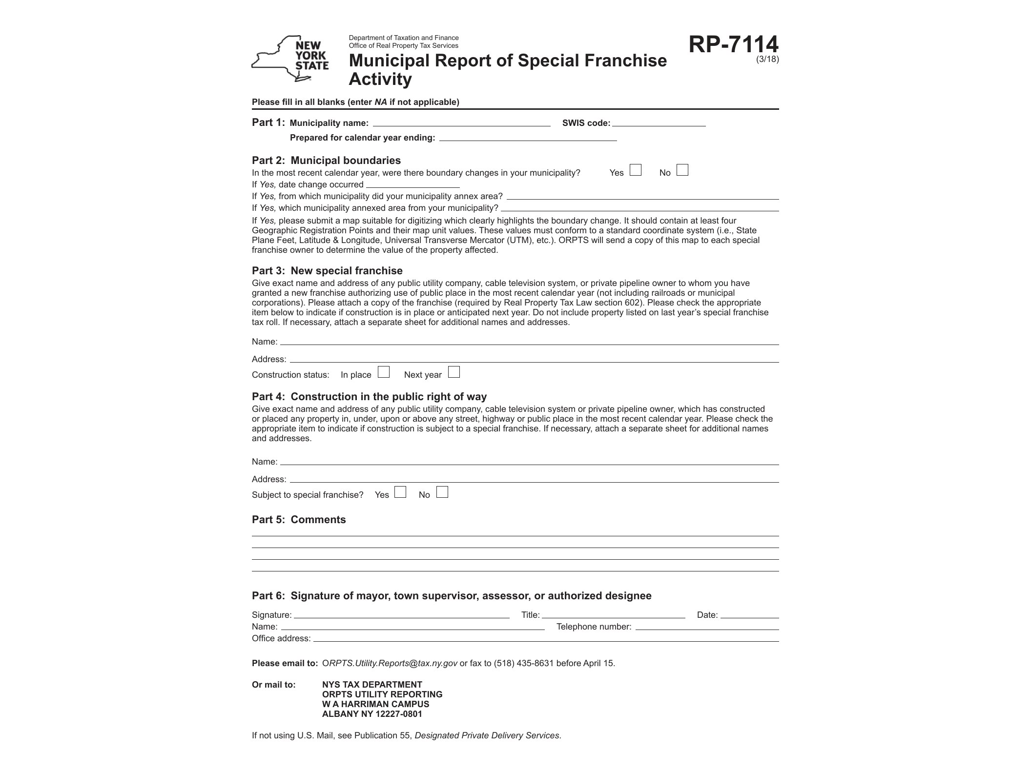 RP7114 Form RP-7114:3/18:Municipal Report of Special Franchise Activity:rp7114 - official form preview, page 1