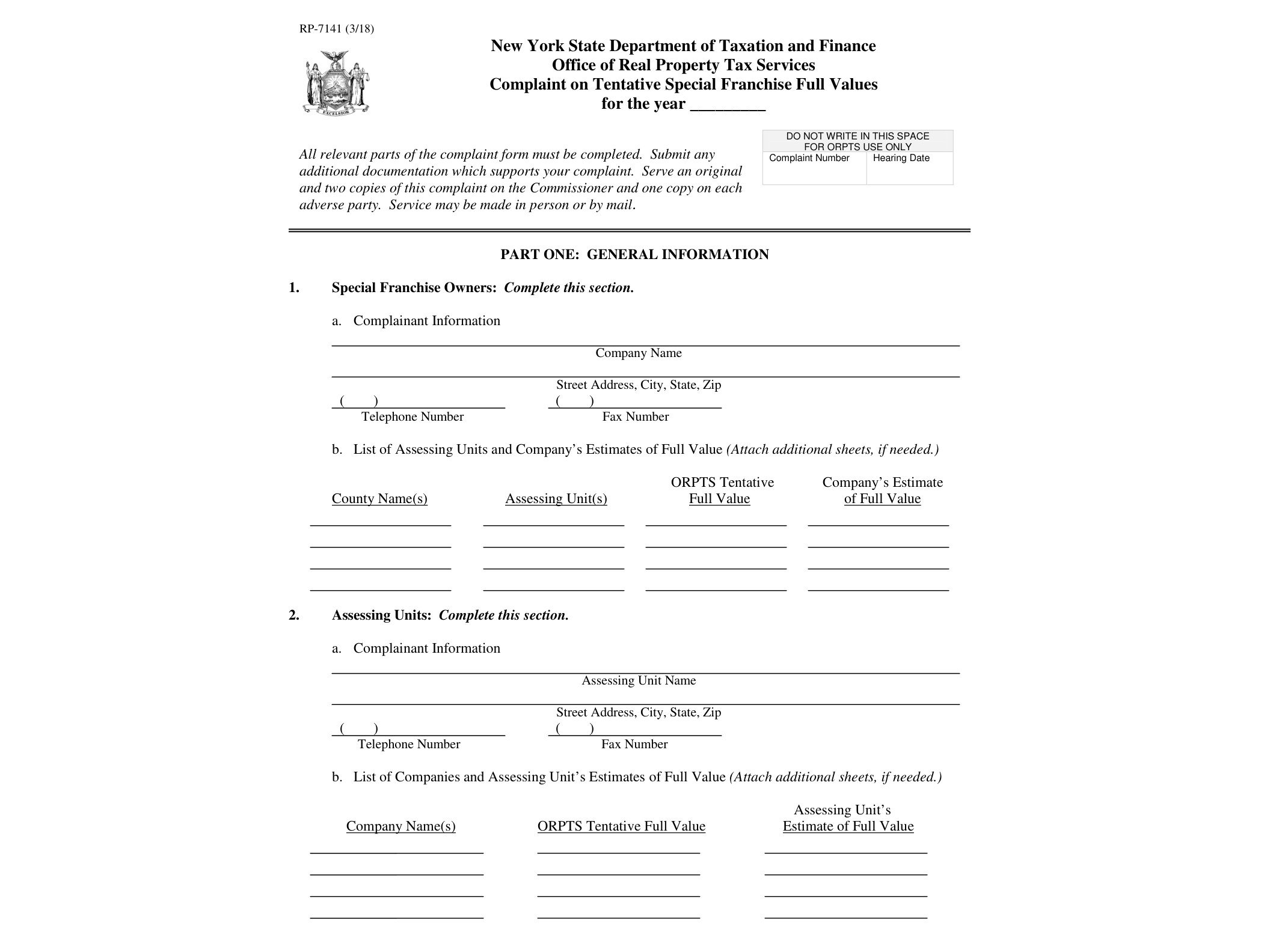RP7141 Form RP-7141:3/18:Complaint on Tentative Special Franchise Full Values:rp7141 - official form preview, page 1