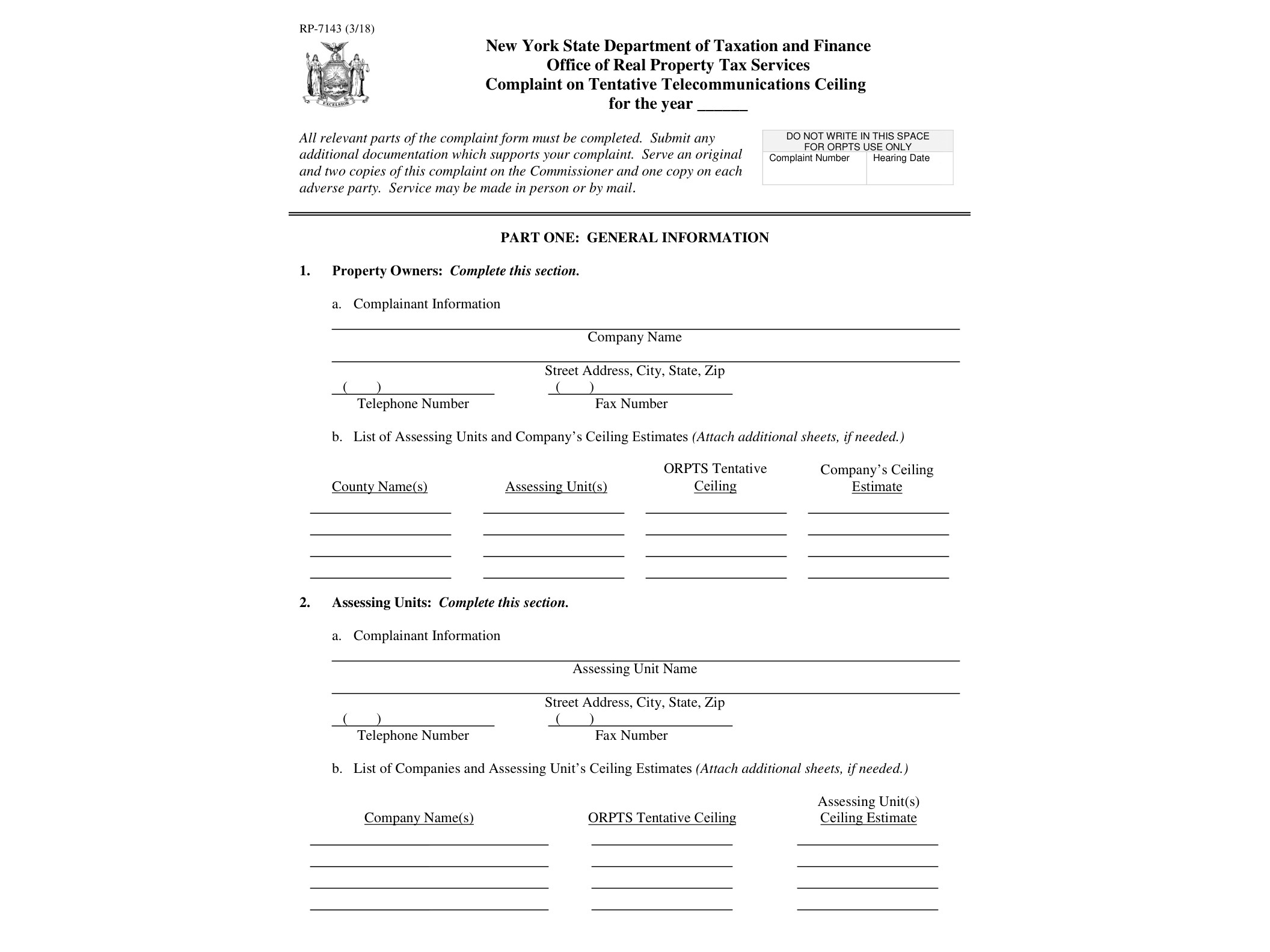 RP7143 Form RP-7142:3/18:Complaint on Tentative Telecommunications Ceiling:rp7143 - official form preview, page 1