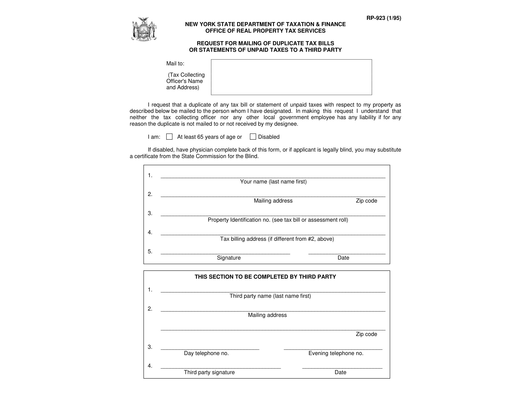 RP923 Form RP-923:1/95:Requst for Mailing of Duplicate Tax Bills or Statements of Upaid Taxes to a Third Party:rp923 - official form preview, page 1