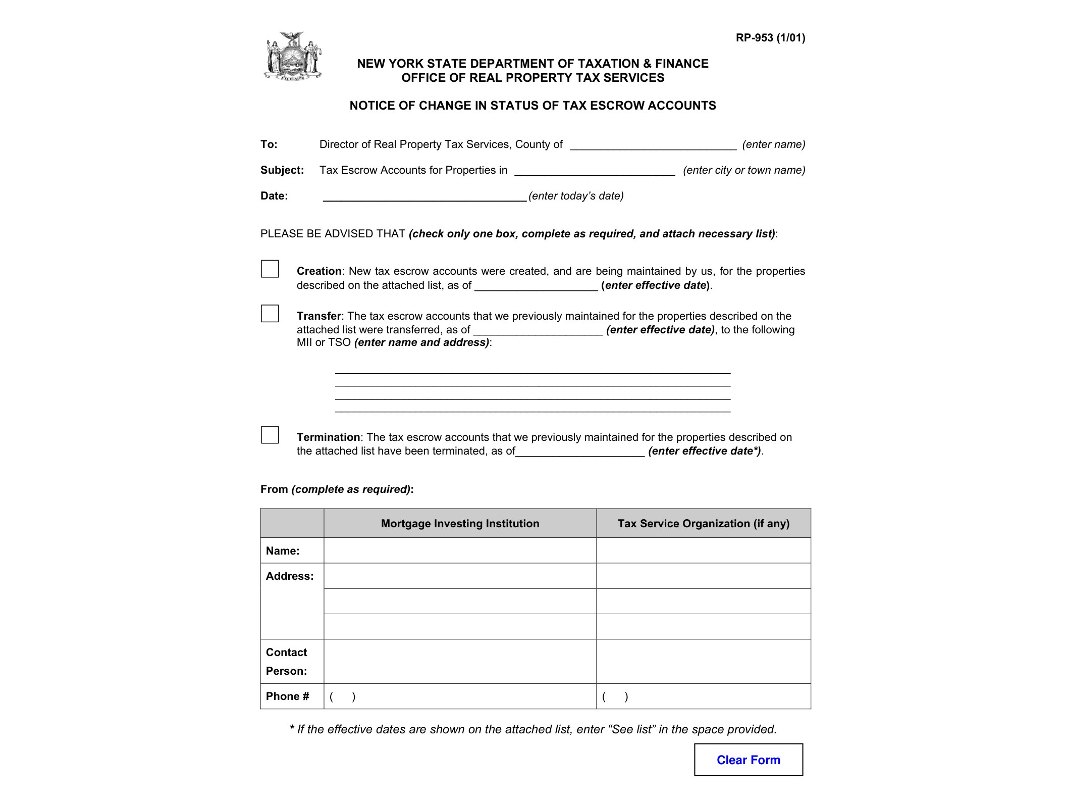 RP953 RP-953:1/01:Notice of Change in Status of Tax Escrow Accounts,rp953 - official form preview, page 1