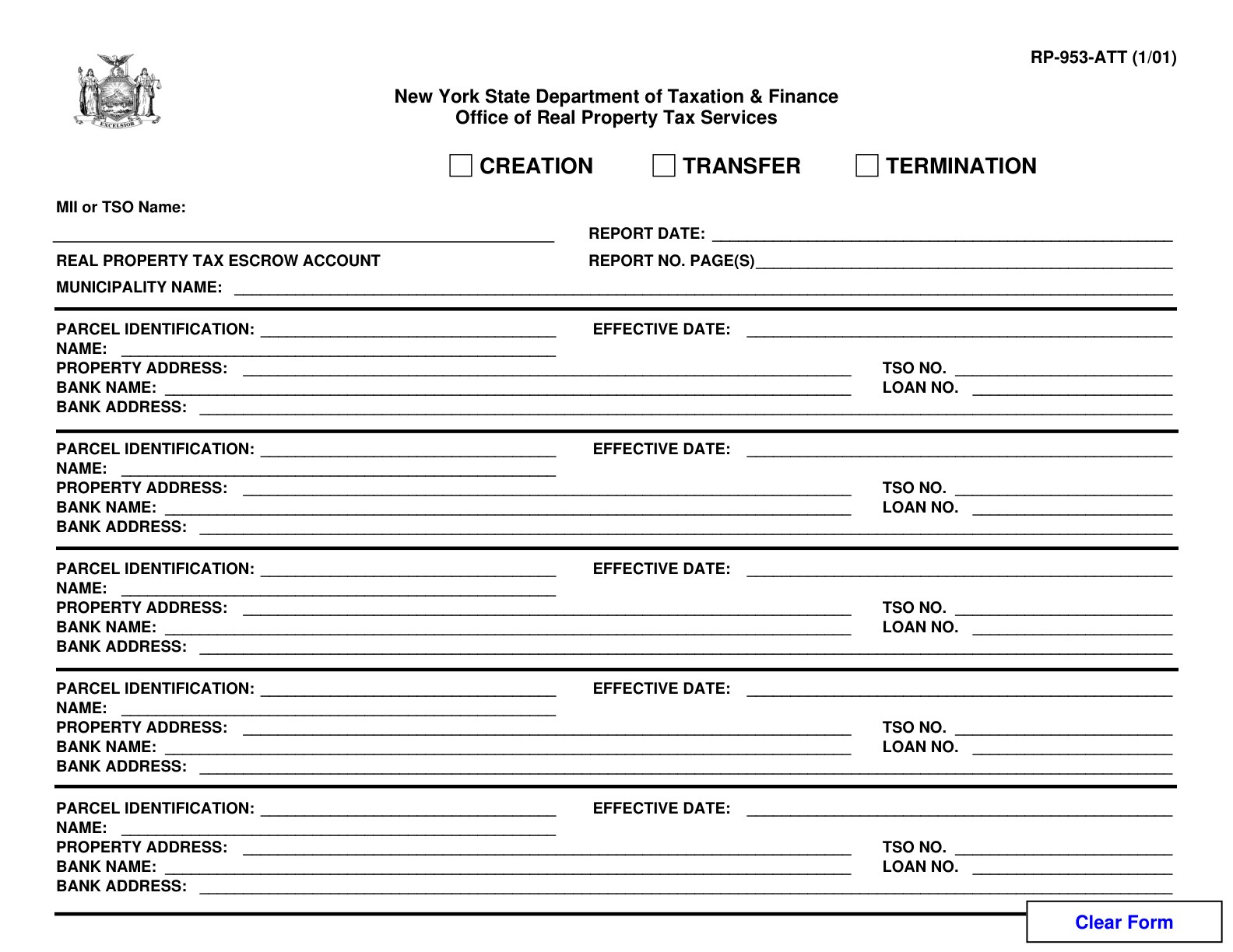 RP953ATT Form RP-953-ATT:1/01:Request For Mailing of Duplicate Tax Bills or Statements of Unpaid Taxes to a Third Party:rp953att - official form preview, page 1