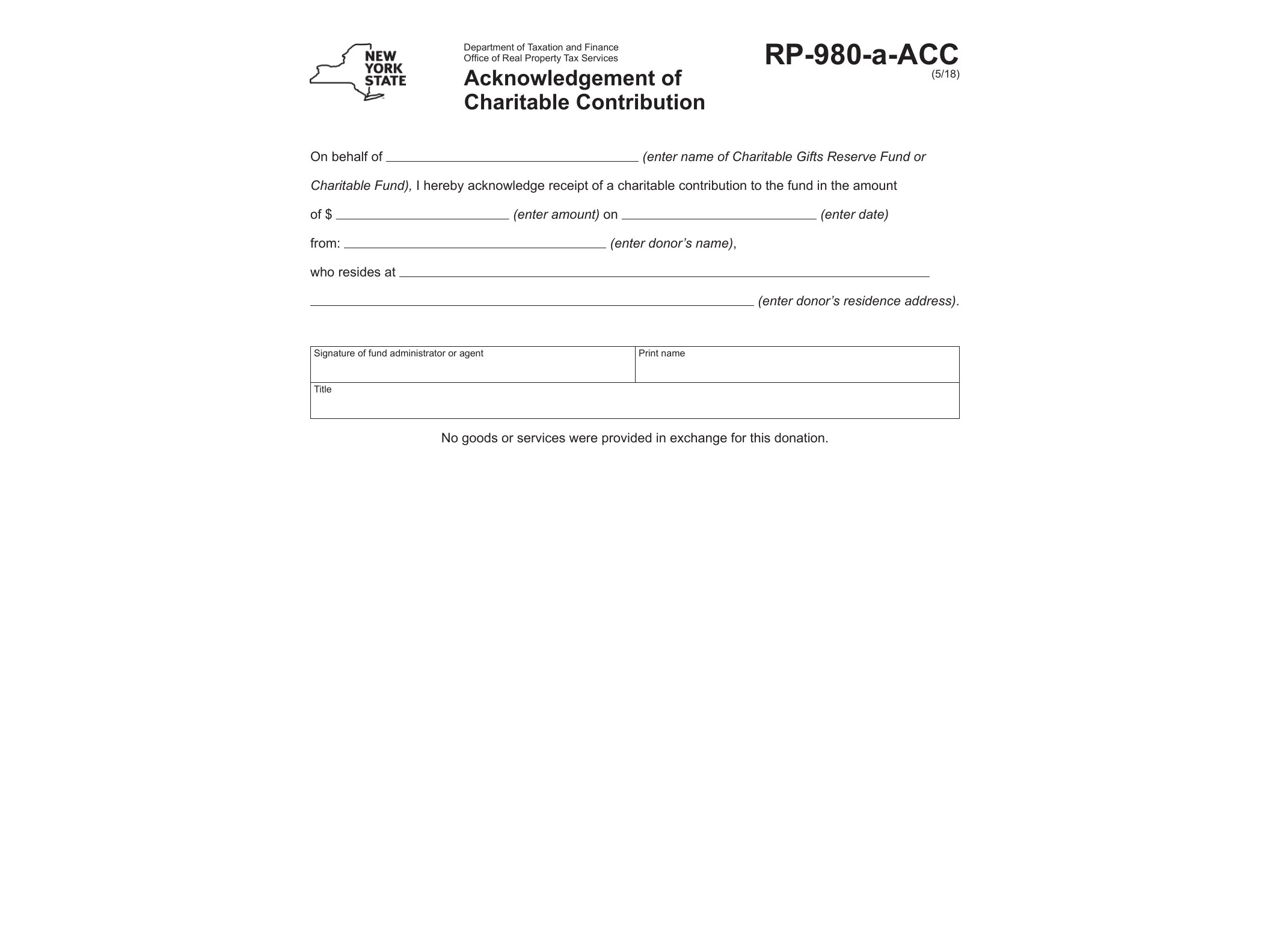 RP980A Form RP-980-a-ACC:5/18:Acknowledgement of Charitable Contribution:rp980aacc - official form preview, page 1