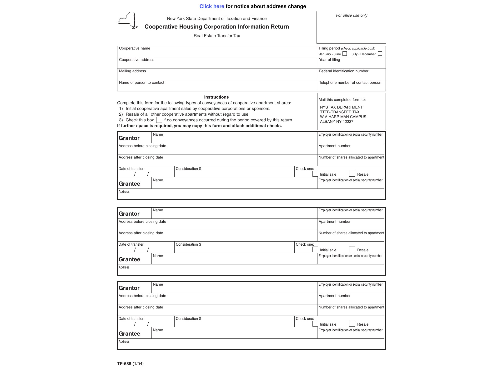 TP588 Form TP-588:1/04:Cooperative Housing Corporation Information Return:tp588 - official form preview, page 1