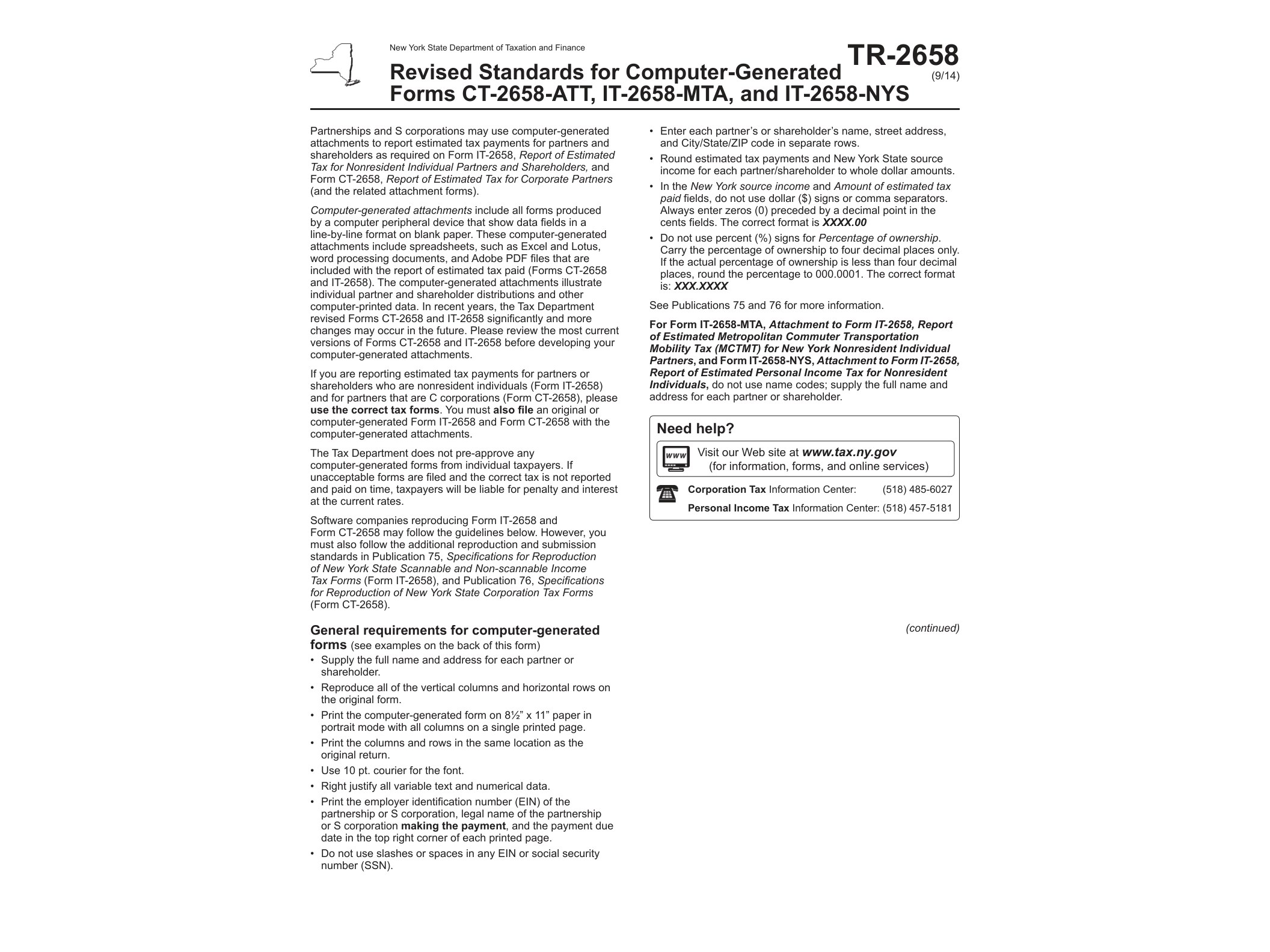 TR2658 Form TR-2658:9/14: Revised Standards for Computer-Generated Forms CT-2658-ATT, IT-2658-MTA, and IT-2658-NYS, tr2658 - official form preview, page 1