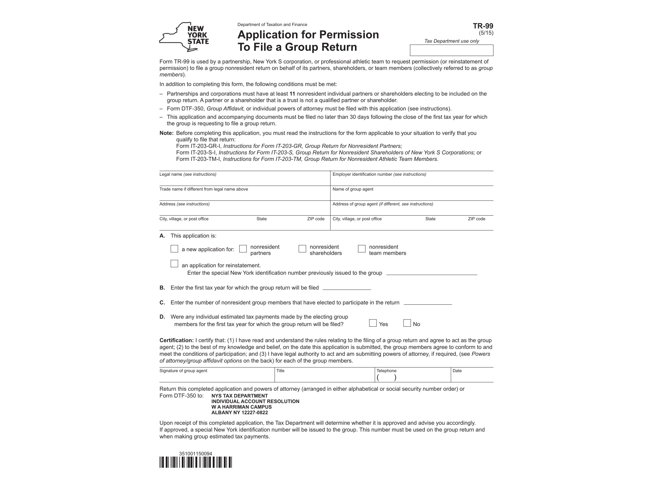 TR99 Form TR-99:5/15: Application for Permission to File a Group Return, tr99 - official form preview, page 1