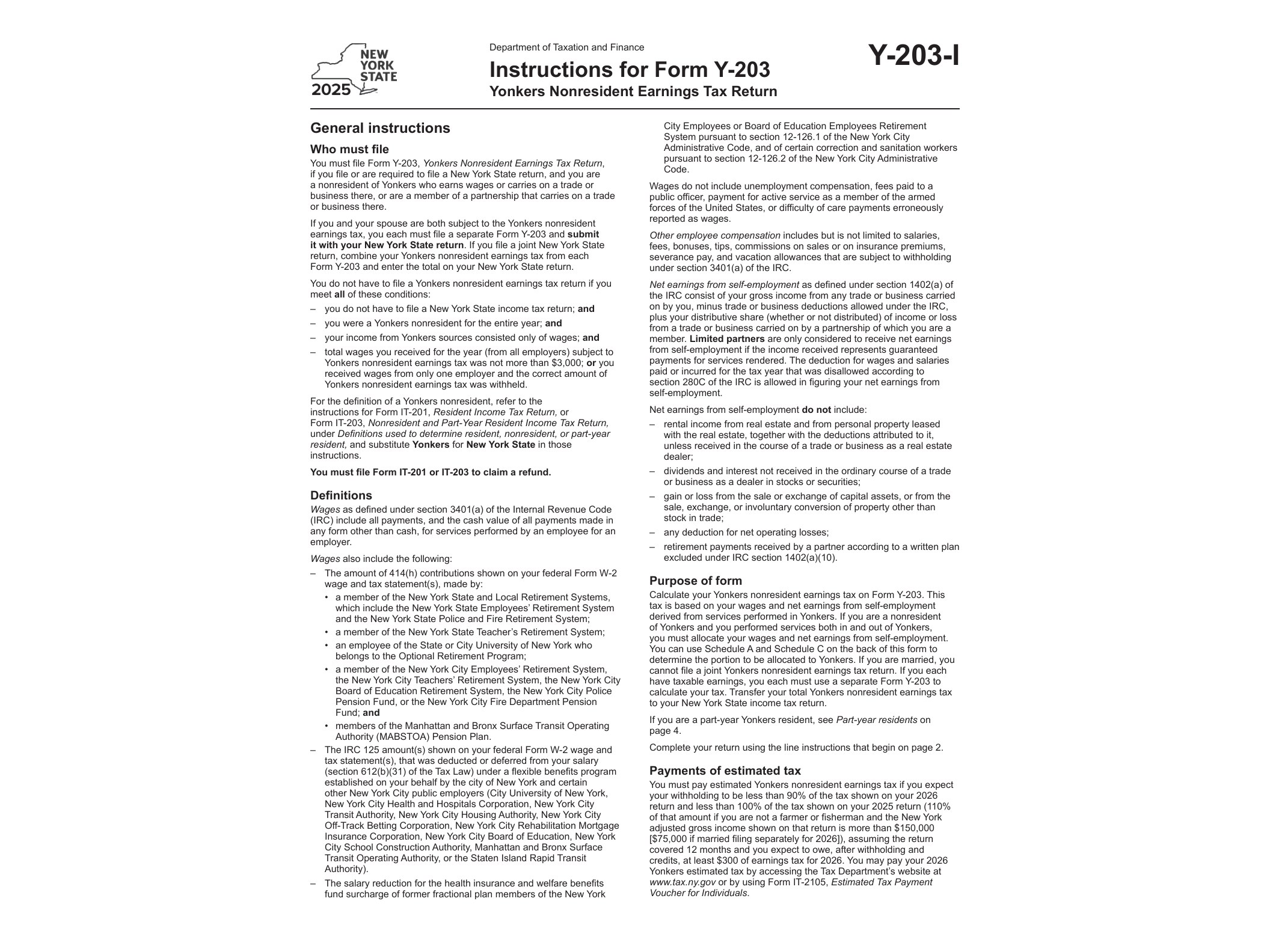 Y203I Instructions for Form Y-203 Yonkers Nonresident Earnings Tax Return Tax Year 2025 - official form preview, page 1