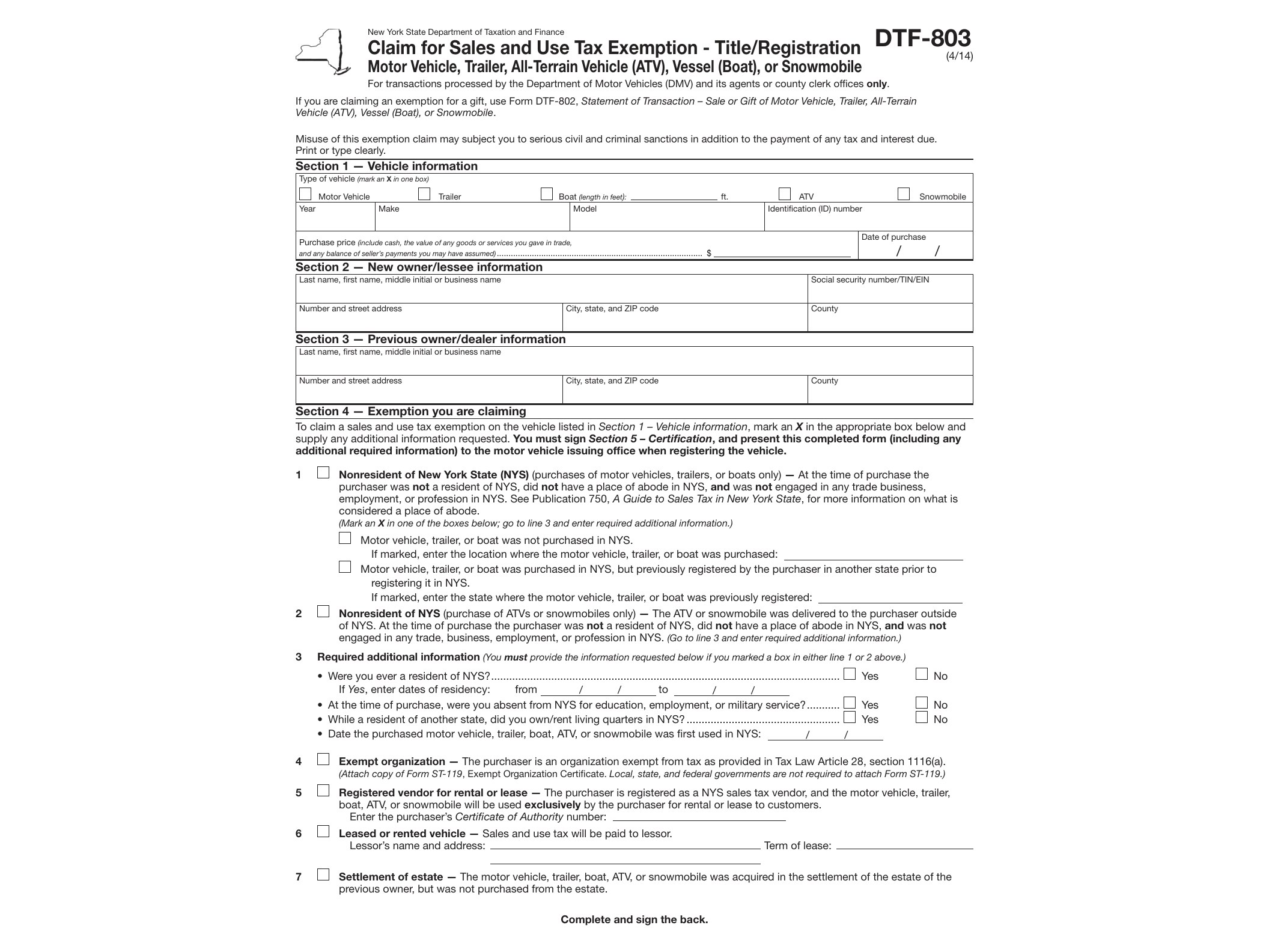 DTF803 Form DTF-803:4/14: Claim for Sales and Use Tax Exemption - Title/Registration Motor Vehicle, Trailer, All-Terrain Vehicle (ATV), Vessel (Boat), or Snowmobile, dtf803 - official form preview, page 1