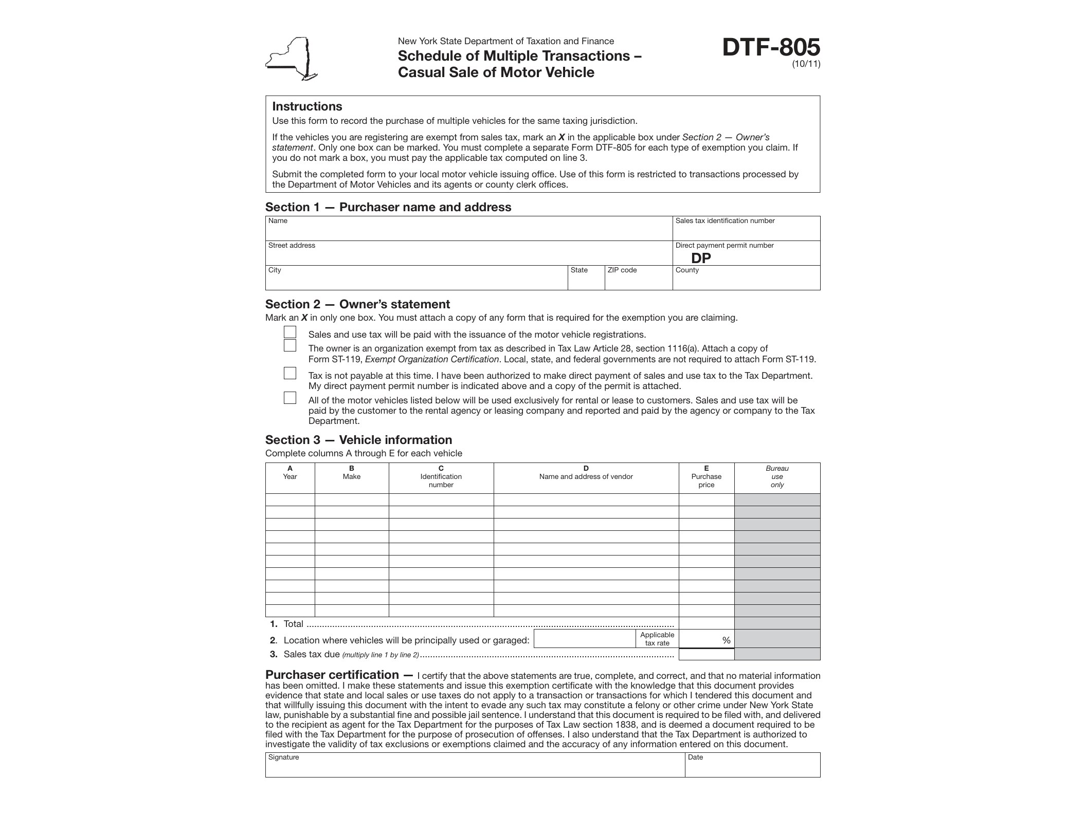 DTF805 Form DTF-805:10/11: Schedule of Multiple Transactions - Casual Sale of Motor Vehicle, dtf805 - official form preview, page 1