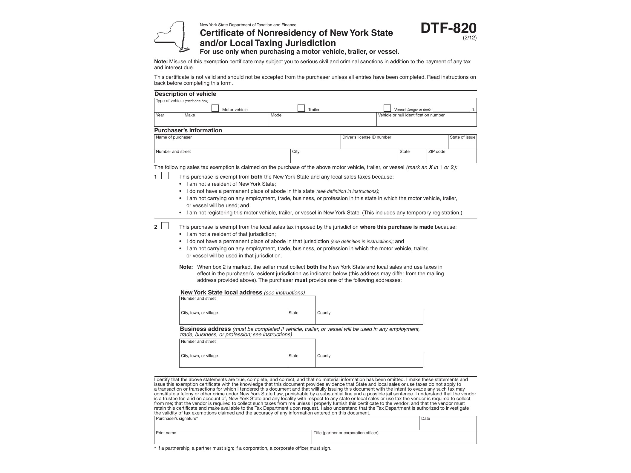 DTF820 Form DTF-820:2/12: Certificate of Nonresidency of New York State and/or Local Taxing Jurisdiction, dtf820 - official form preview, page 1