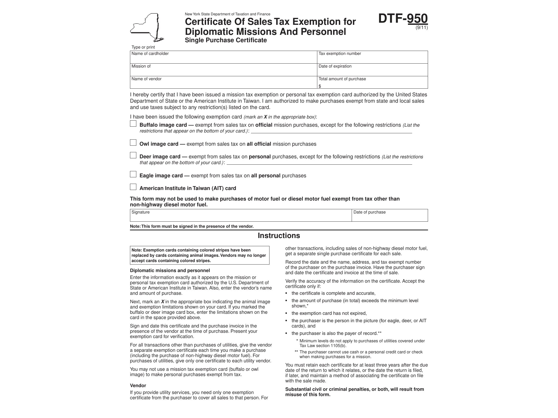 DTF950 Form DTF-950:9/11: Certificate of Sales Tax Exemption for Diplomatic Missions and Personnel Single Purchase Certificate:, dtf950 - official form preview, page 1