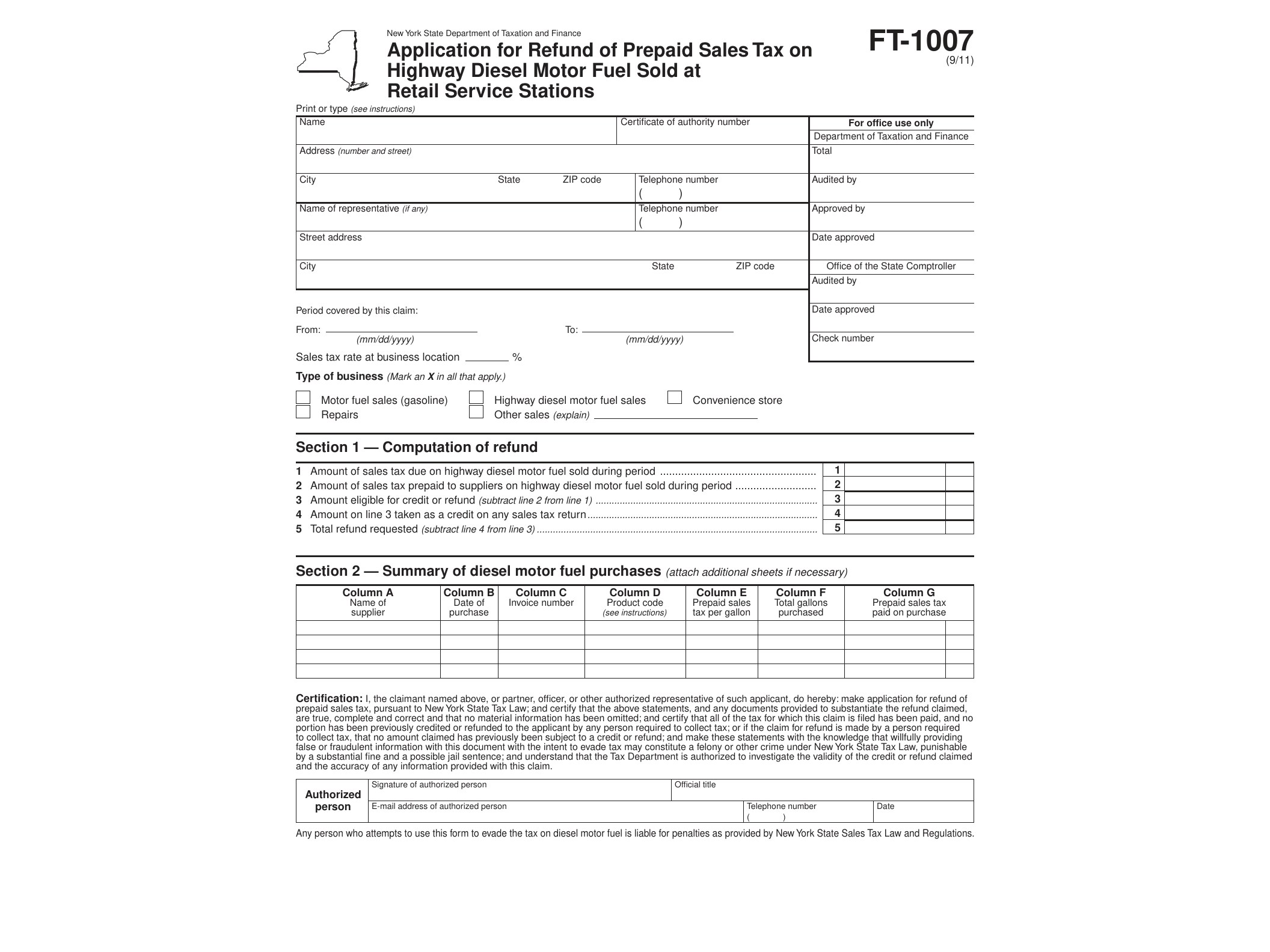 FT1007 Form FT-1007:9/11: Application for Refund of Prepaid Sales Tax on Highway Diesel Motor Fuel Sold at Retail Service Stations, ft1007 - official form preview, page 1